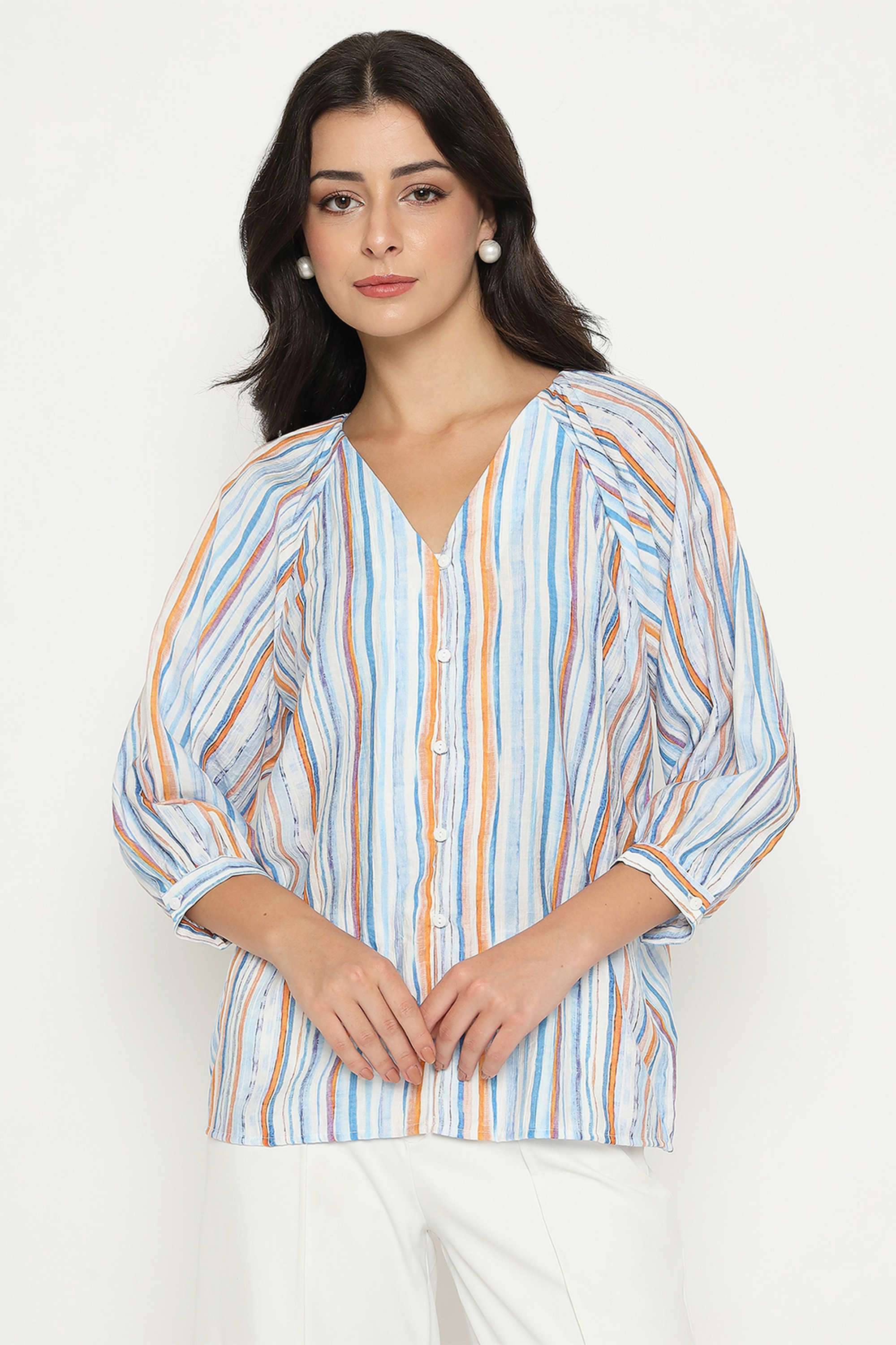 Stripes-Rayon-V-Neck-Women-s-Top