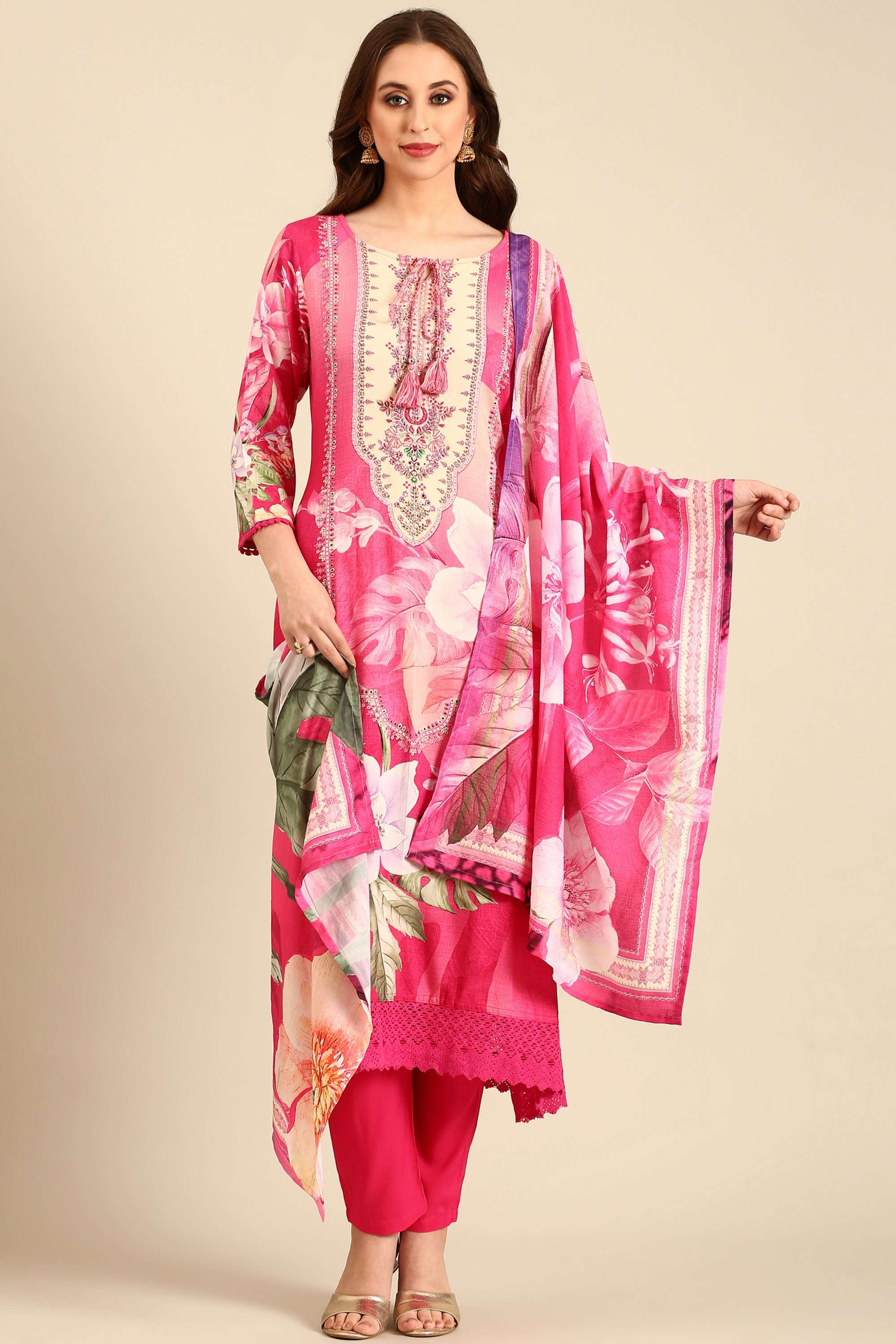 Embellished-Rayon-Round-Neck-Women-s-Casual-Wear-Kurta-Set