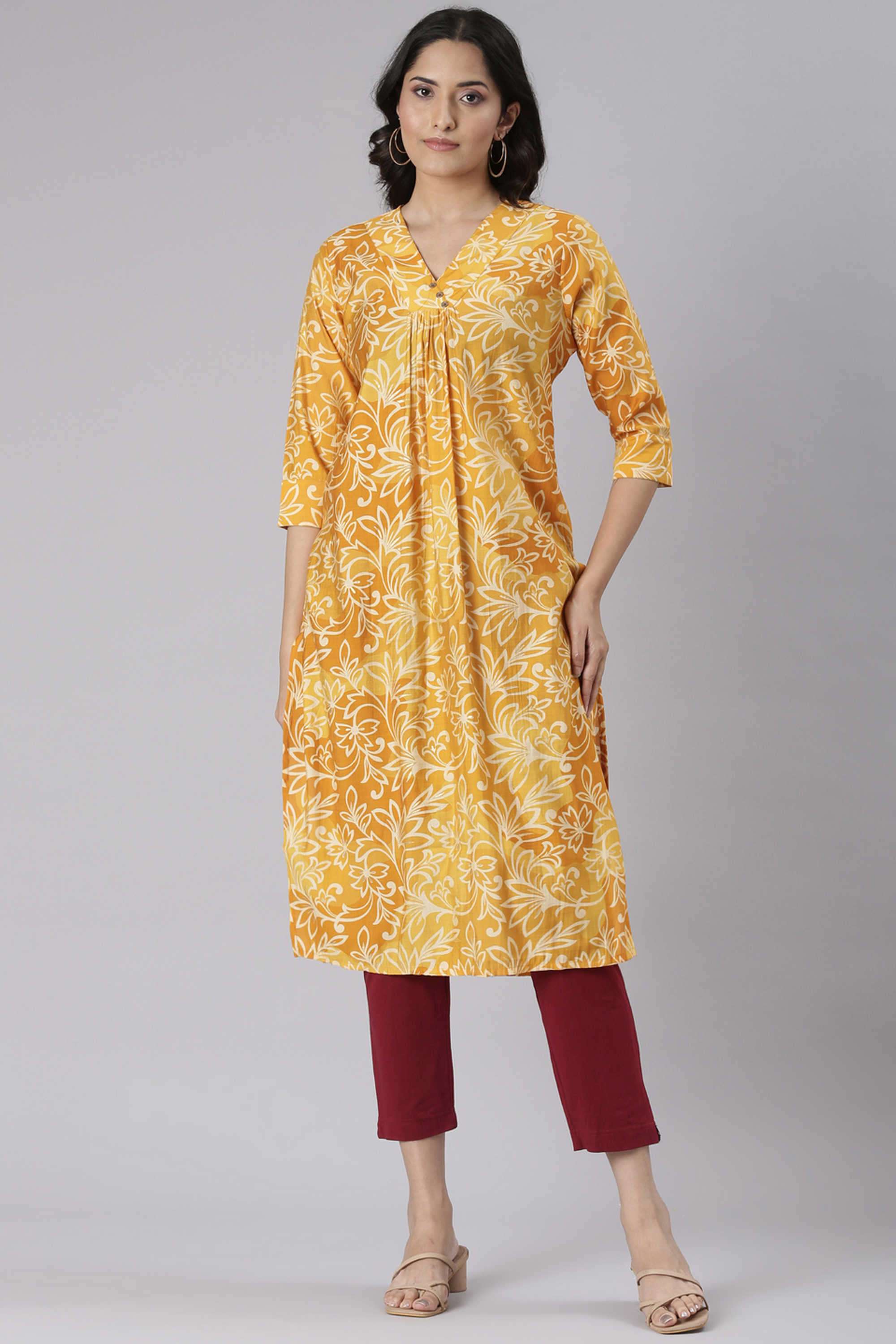 Floral-Blended-Fabric-V-Neck-Women-s-Ethnic-Kurta