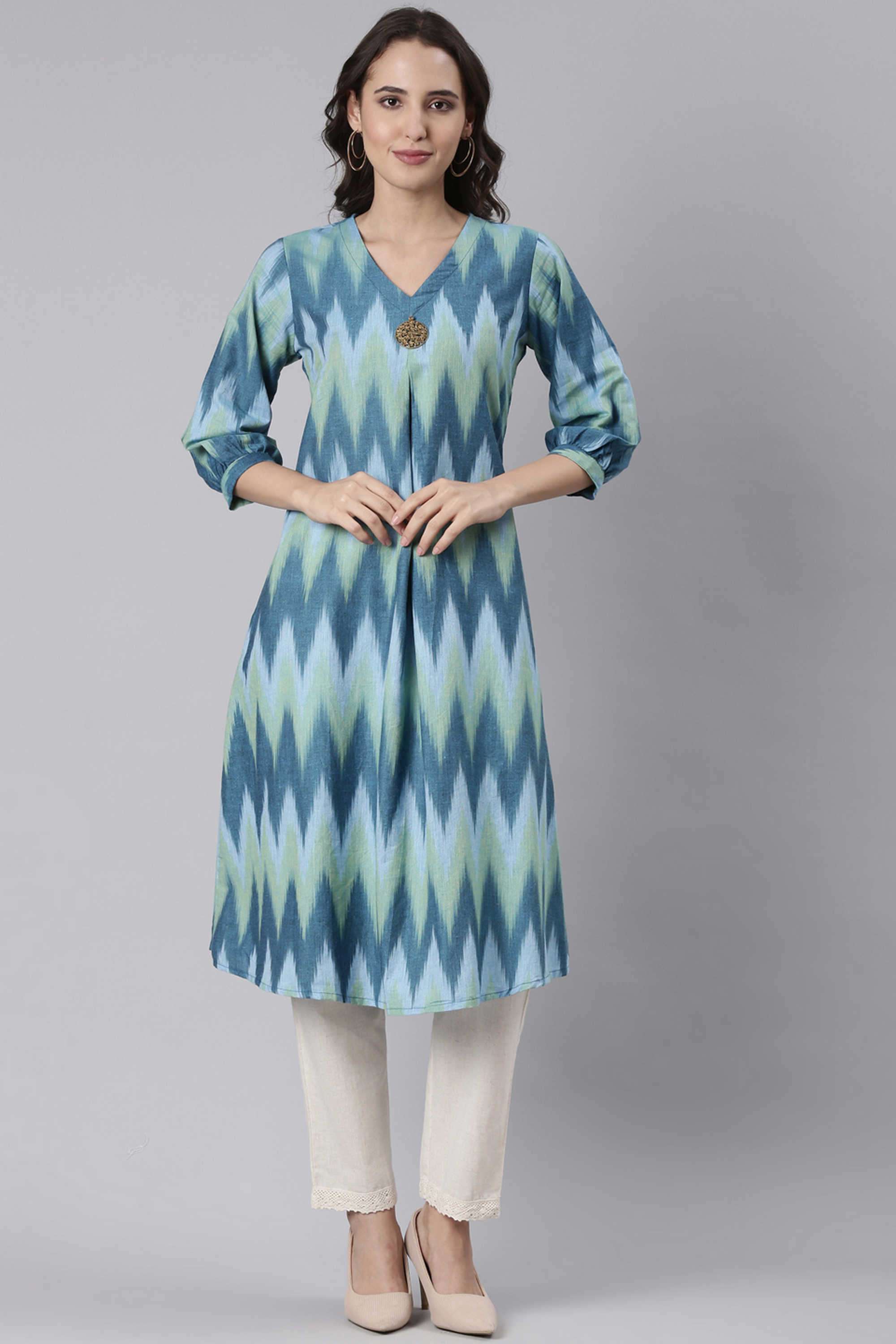 Chevron-Cotton-V-Neck-Women-s-Casual-Wear-Kurta