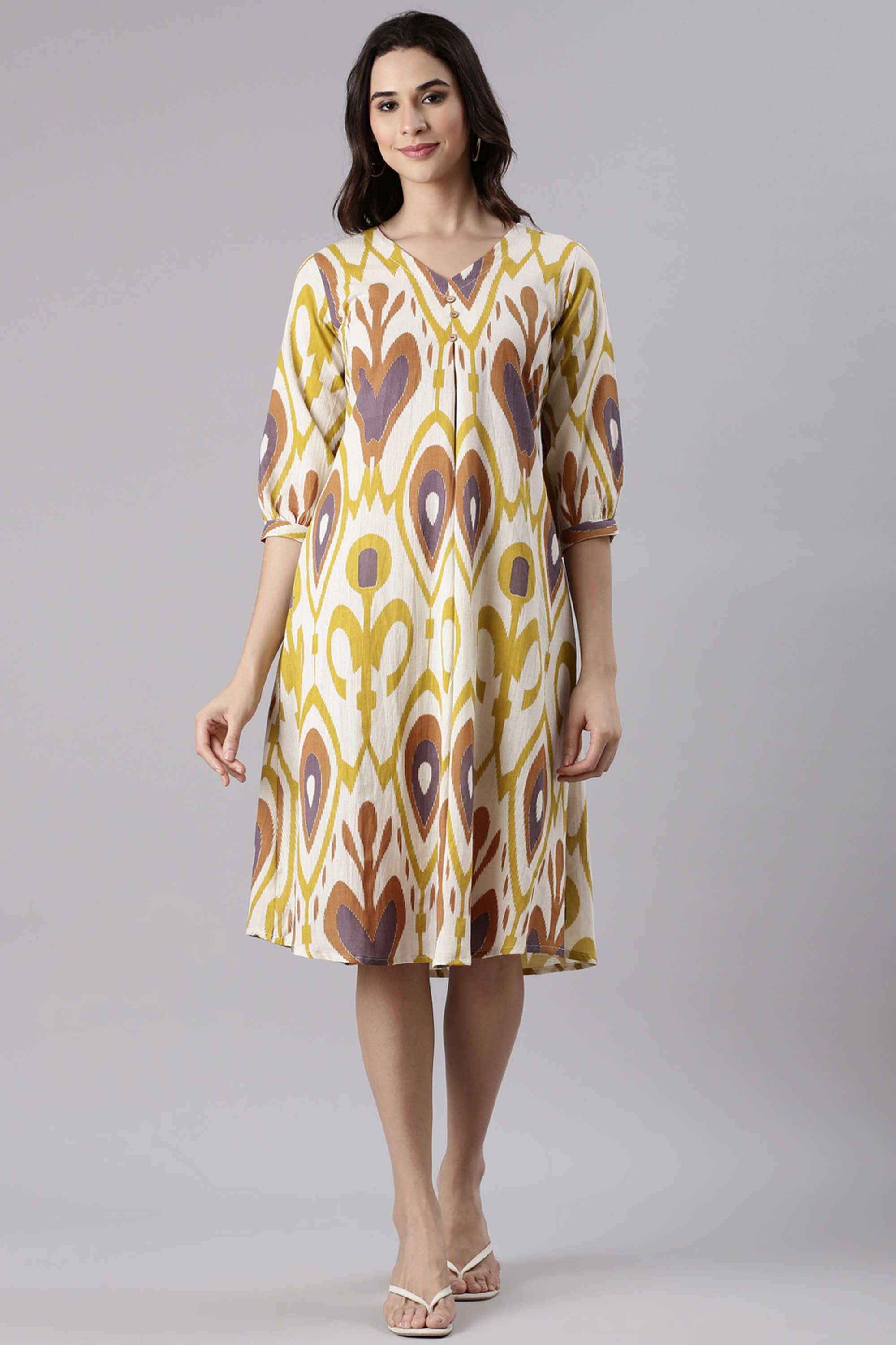 Printed-Blended-Fabric-V-Neck-Women-s-Casual-Wear-Kurta