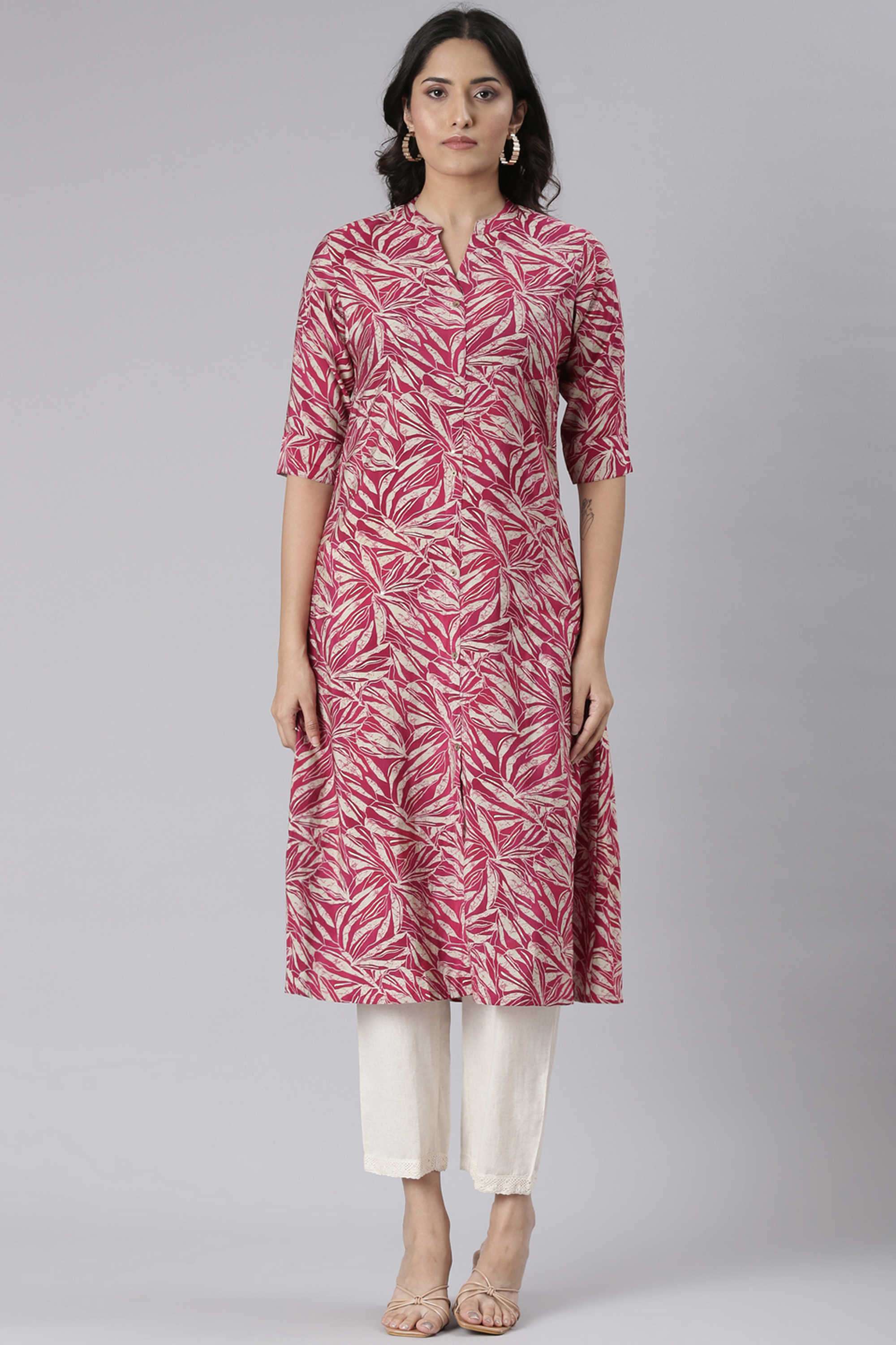 Printed-Blended-Fabric-V-Neck-Women-s-Ethnic-Kurta