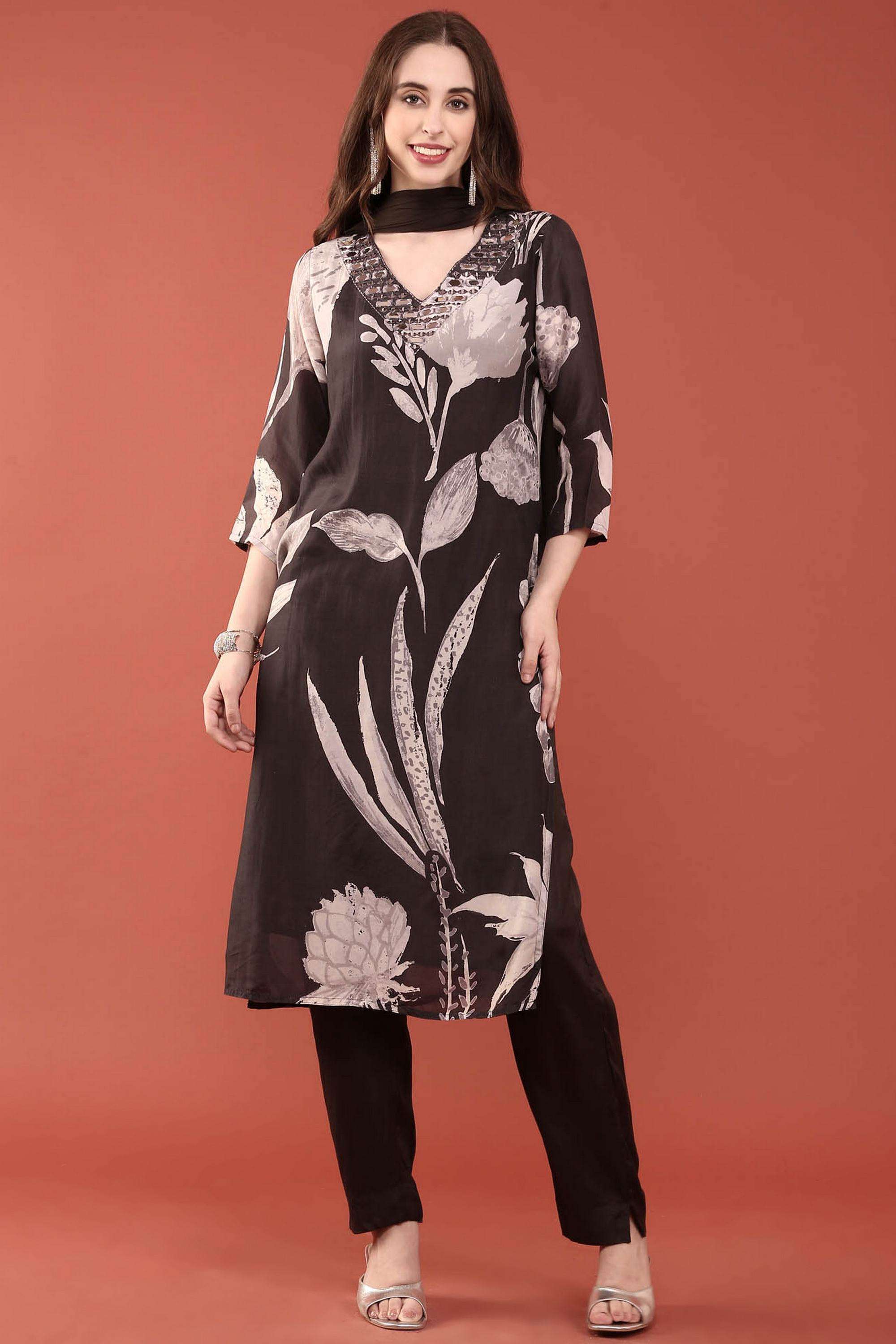 Floral-Silk-V-Neck-Women-s-Ethnic-Kurta-Set