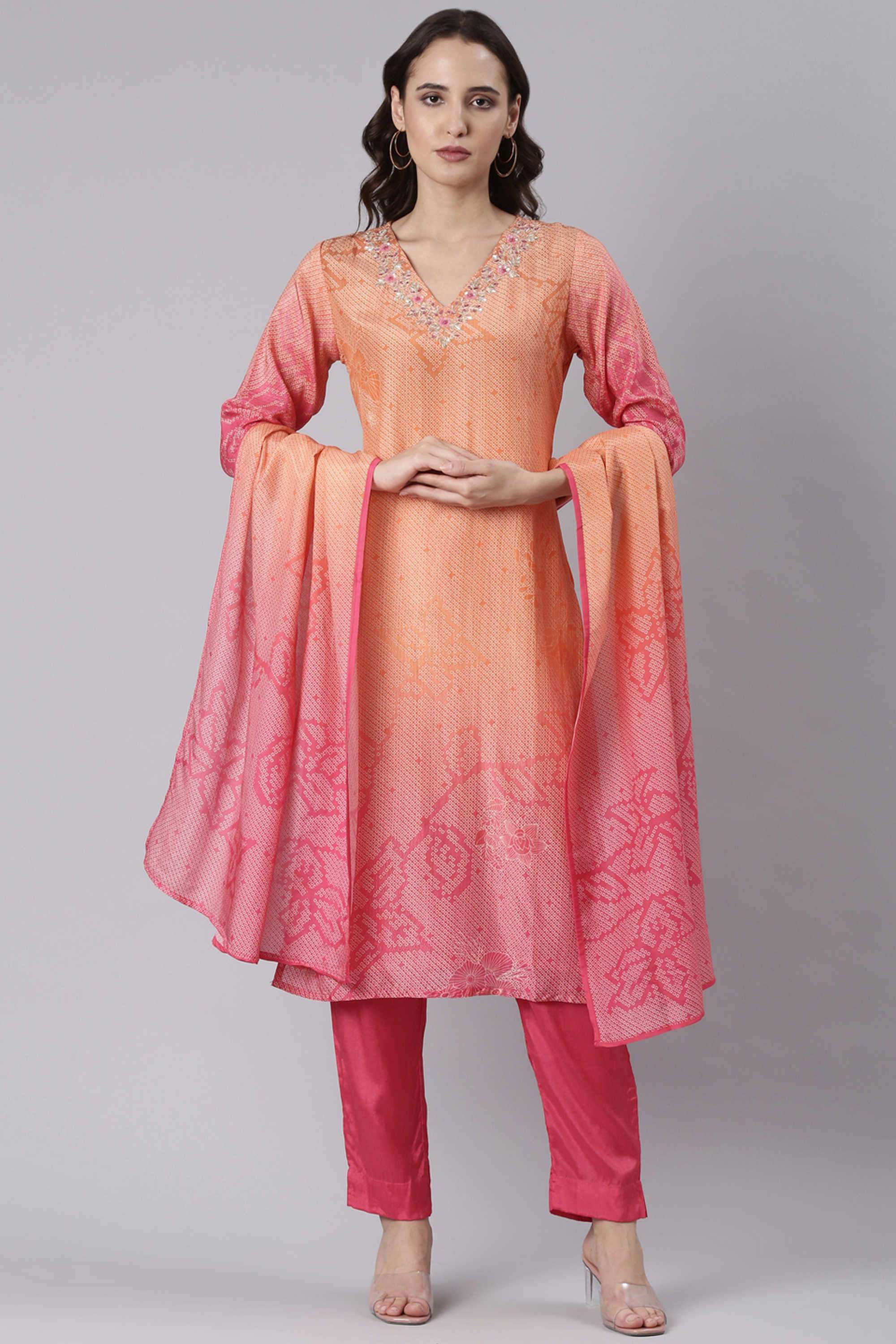 Embroidered-Blended-Fabric-V-Neck-Women-s-Casual-Wear-Kurta-Set