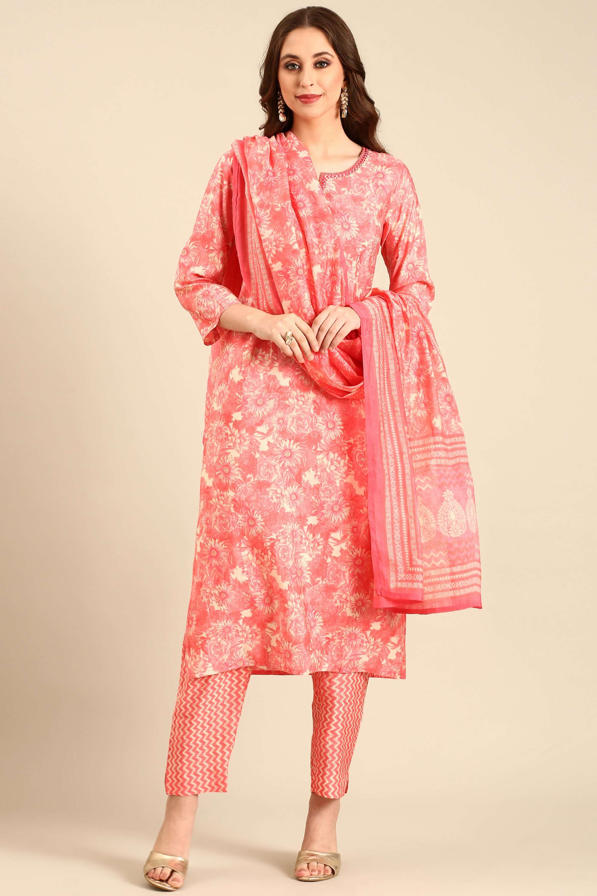 Floral-Silk-Round-Neck-Women-s-Casual-Wear-Kurta-Set