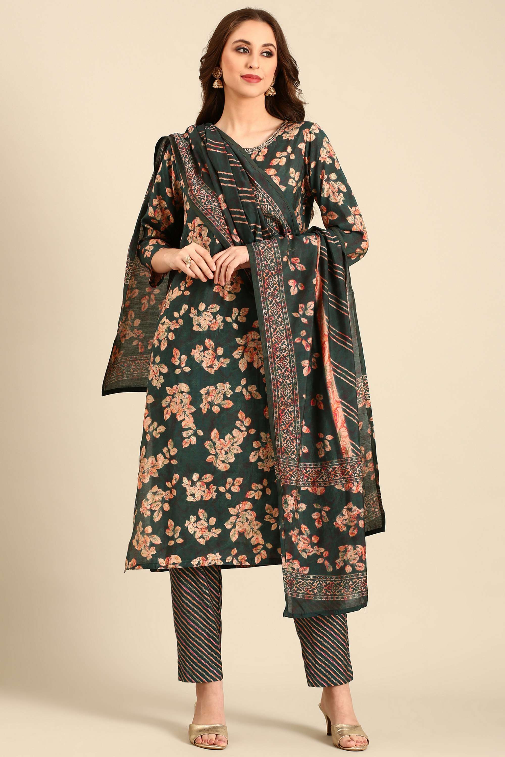 Floral-Silk-Round-Neck-Women-s-Casual-Wear-Kurta-Set