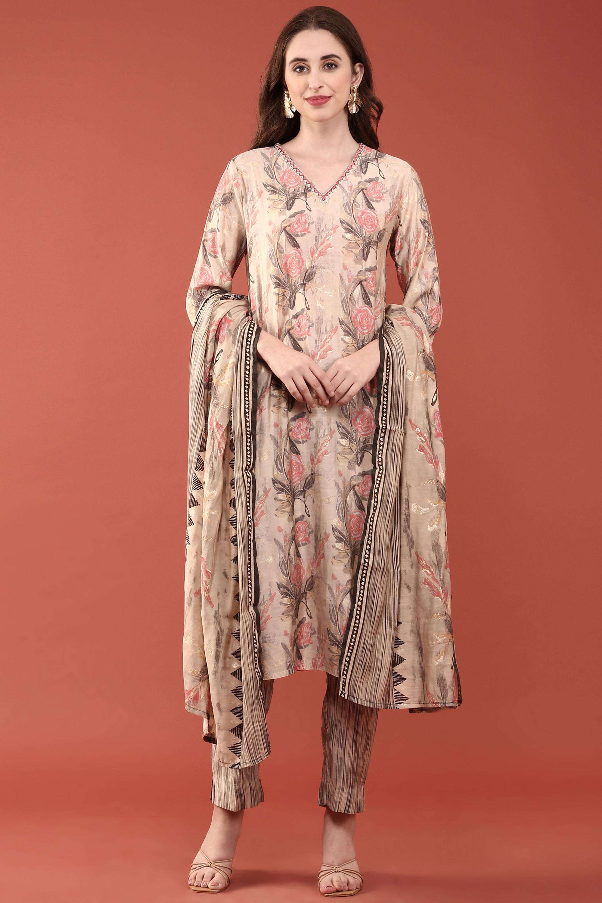 Floral-Silk-V-Neck-Women-s-Ethnic-Kurta-Set