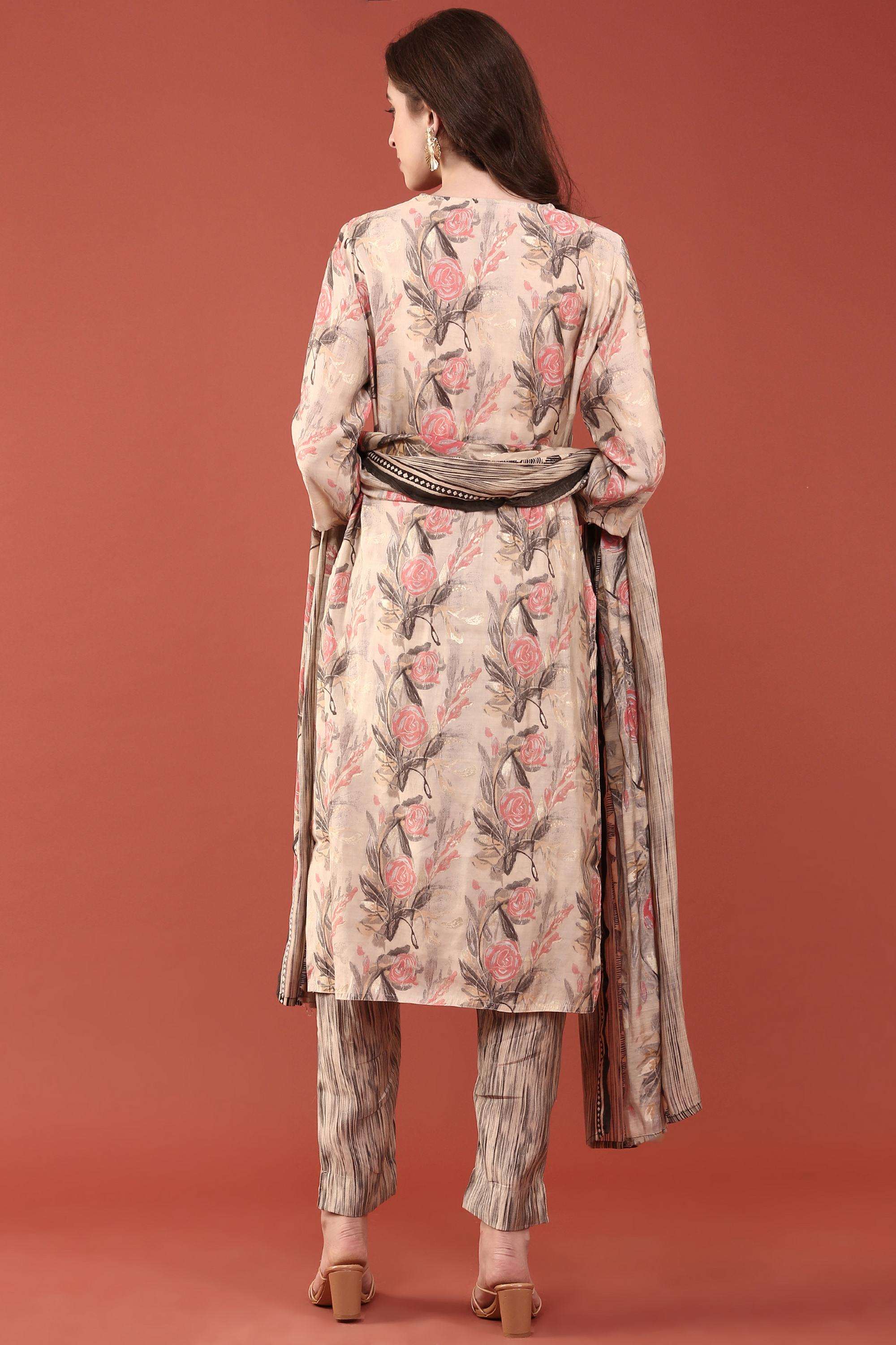 Floral-Silk-V-Neck-Women-s-Ethnic-Kurta-Set