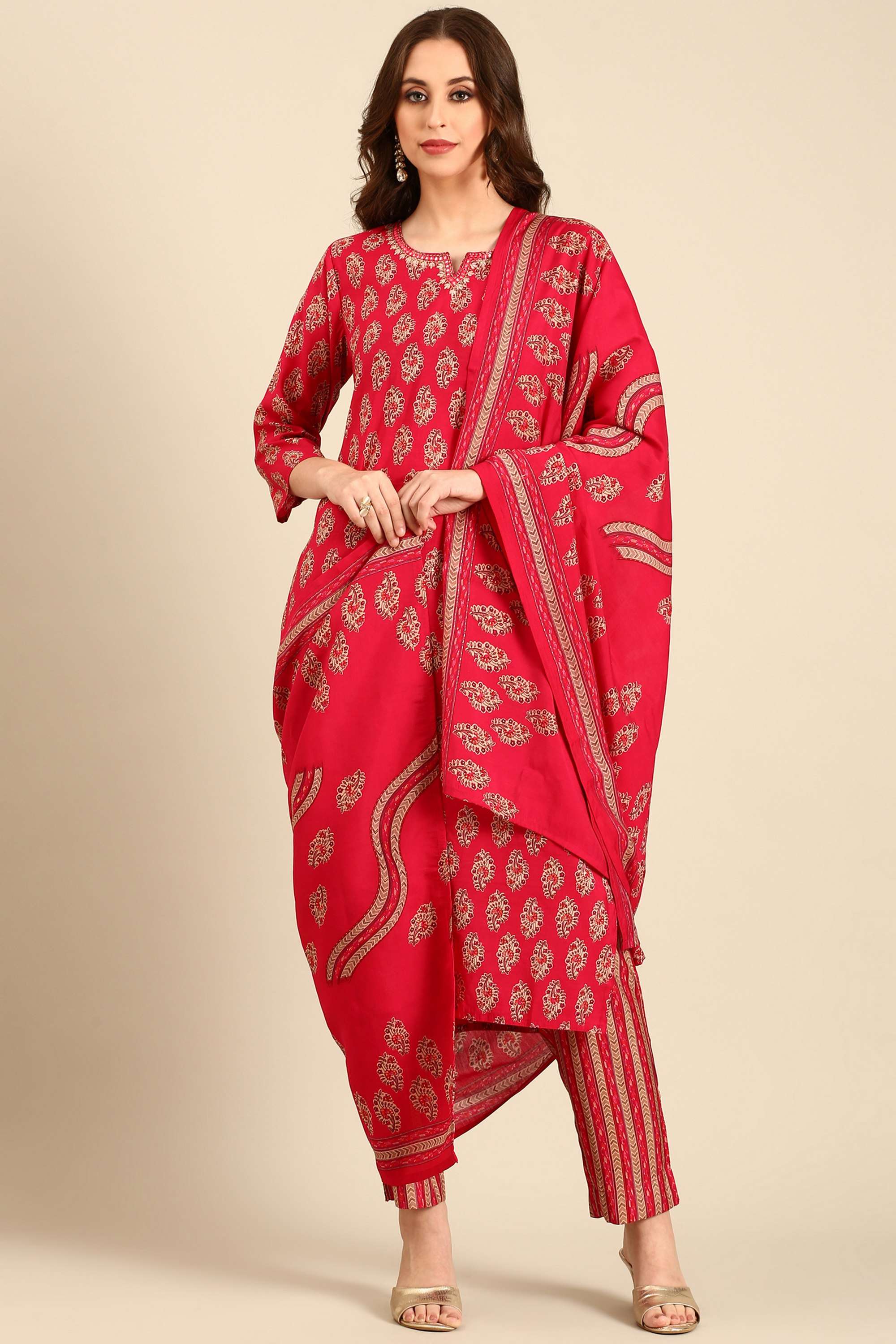 Printed-Silk-Round-Neck-Women-s-Casual-Wear-Kurta-Set