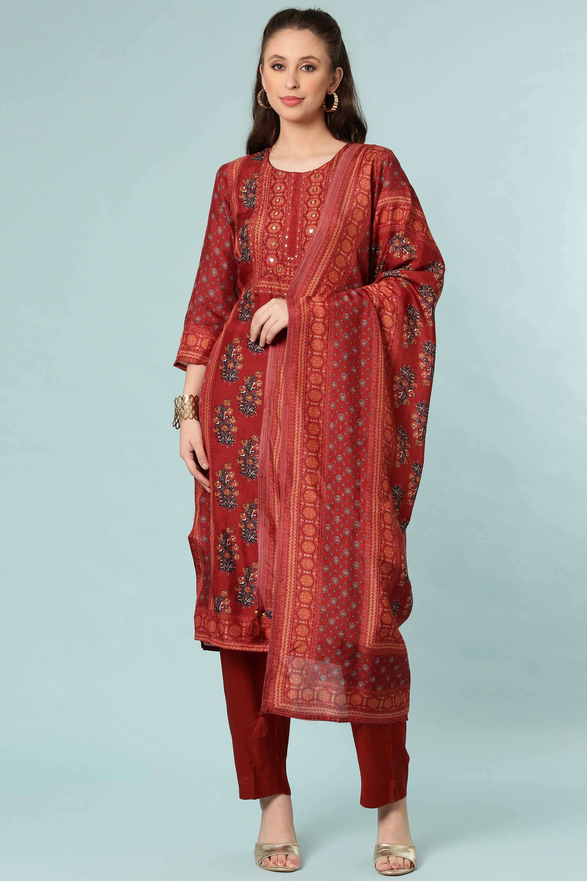 Printed-Round-Neck-Blended-Fabric-Women-Kurta-Set