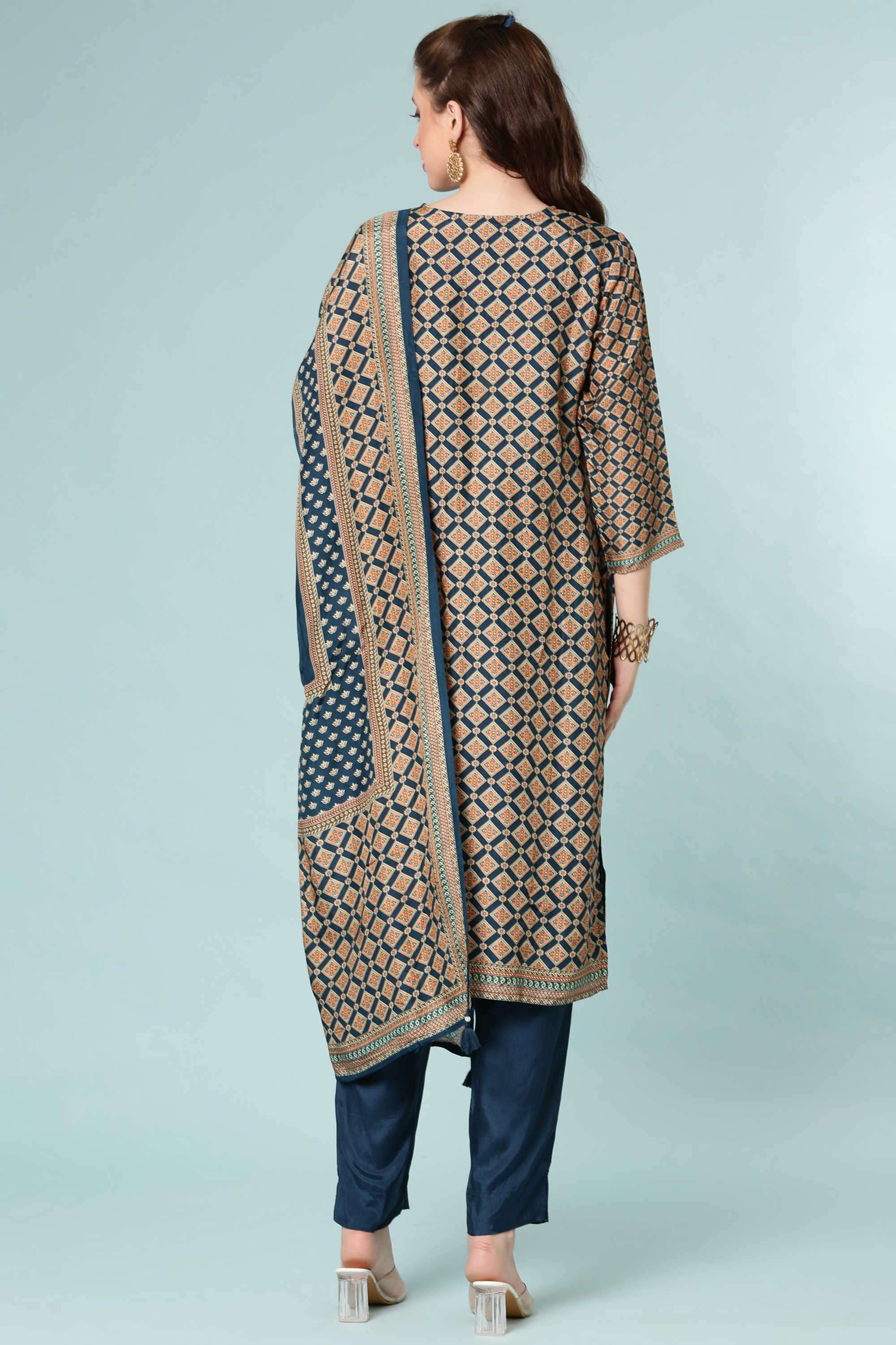 Printed-Blended-Fabric-Round-Neck-Women-s-Casual-Wear-Kurta-Set