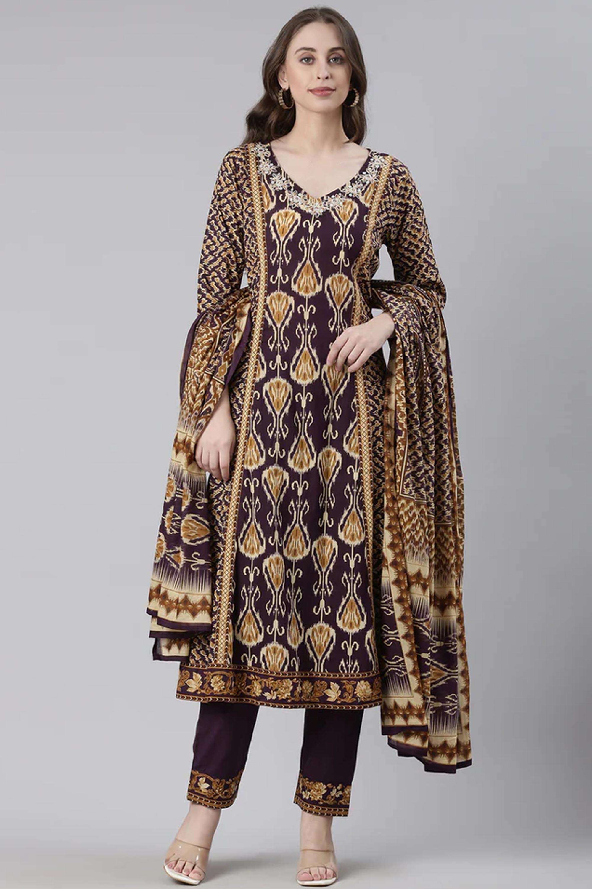 Printed-Rayon-V-Neck-Women-s-Casual-Wear-Kurta-Set