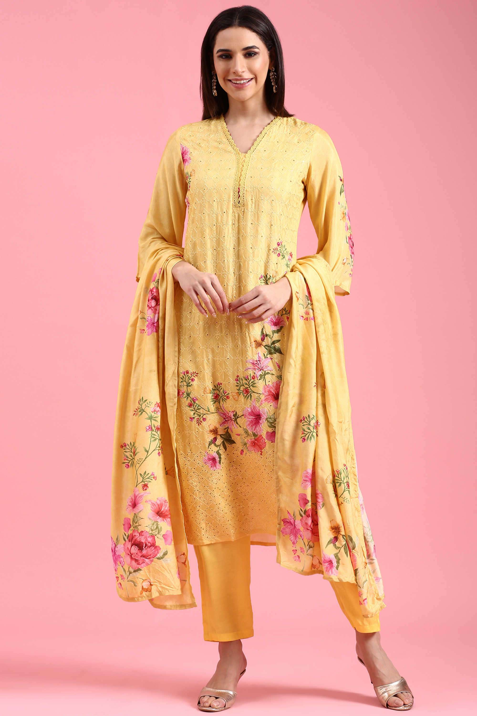 Schiffli-Blended-Fabric-V-Neck-Women-s-Festive-Wear-Kurta-Set