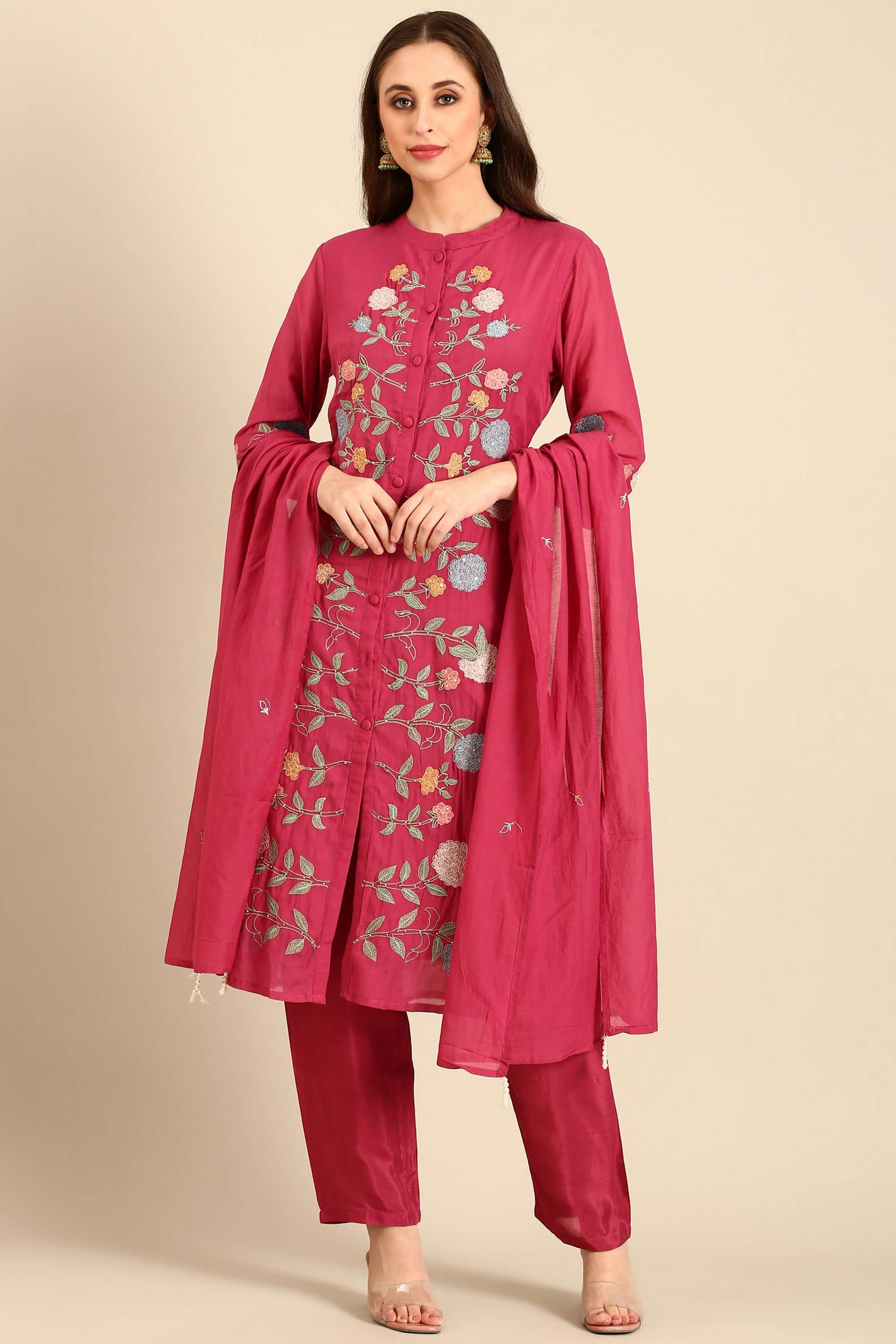 Embellished-Collared-Muslin-Women-Kurta-Set