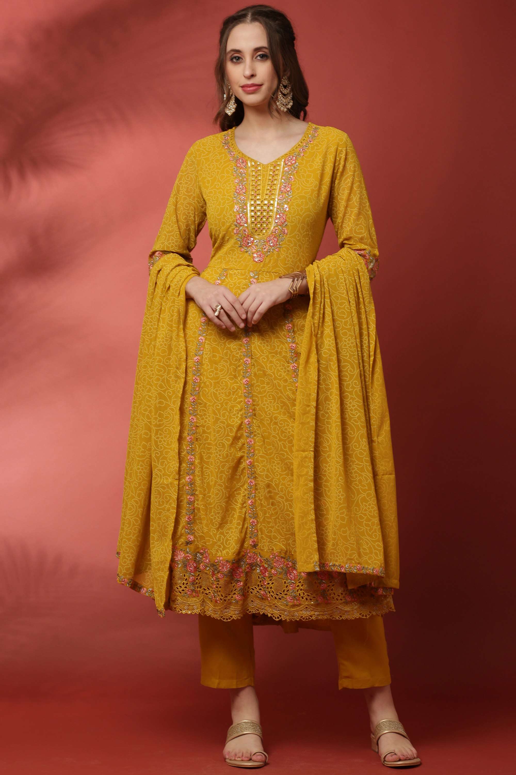 Embroidered-Georgette-V-Neck-Women-s-Casual-Wear-Kurta-Set