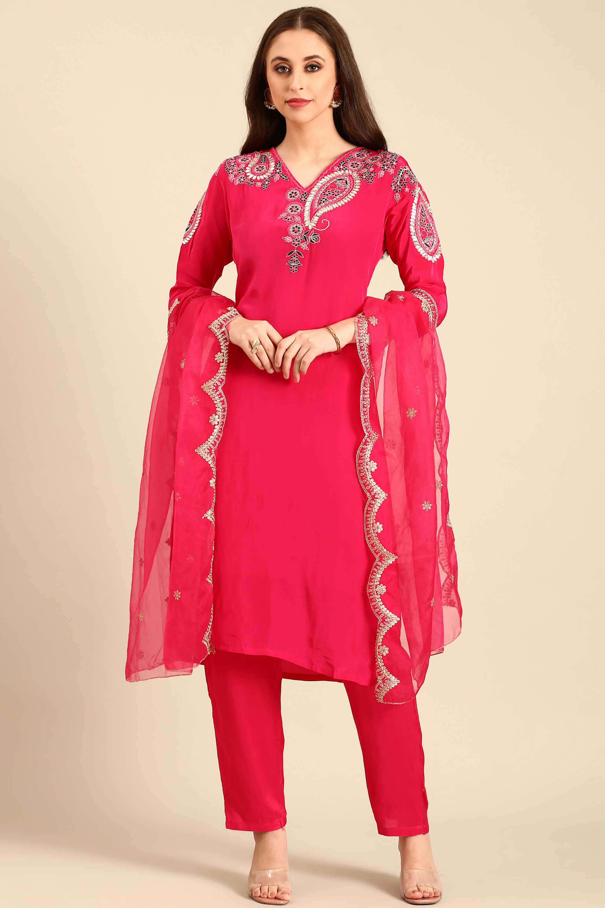 Embroidered-Crepe-V-Neck-Women-s-Casual-Wear-Kurta-Set