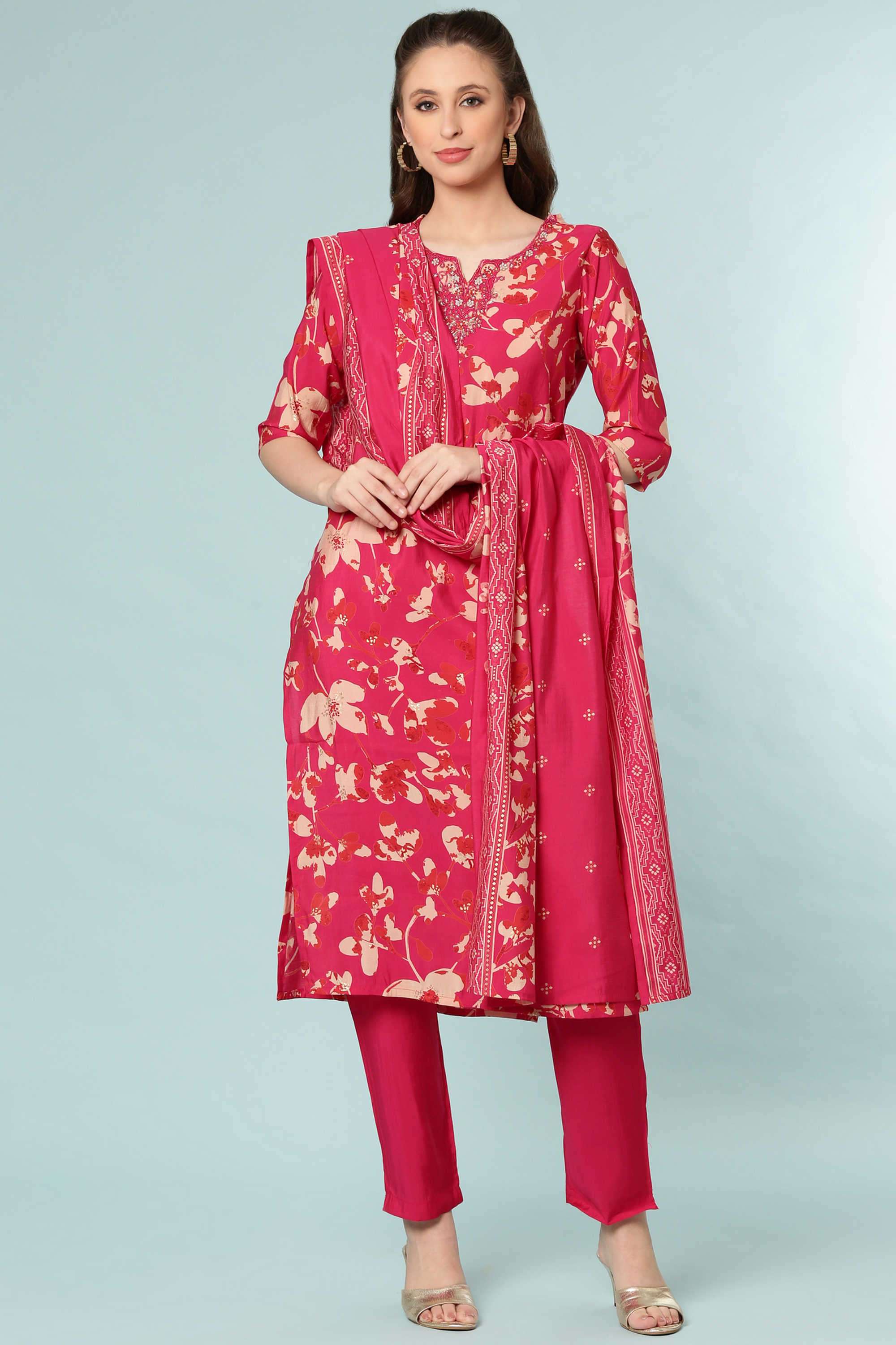 Floral-Round-Neck-Blended-Fabric-Women-Kurta-Set