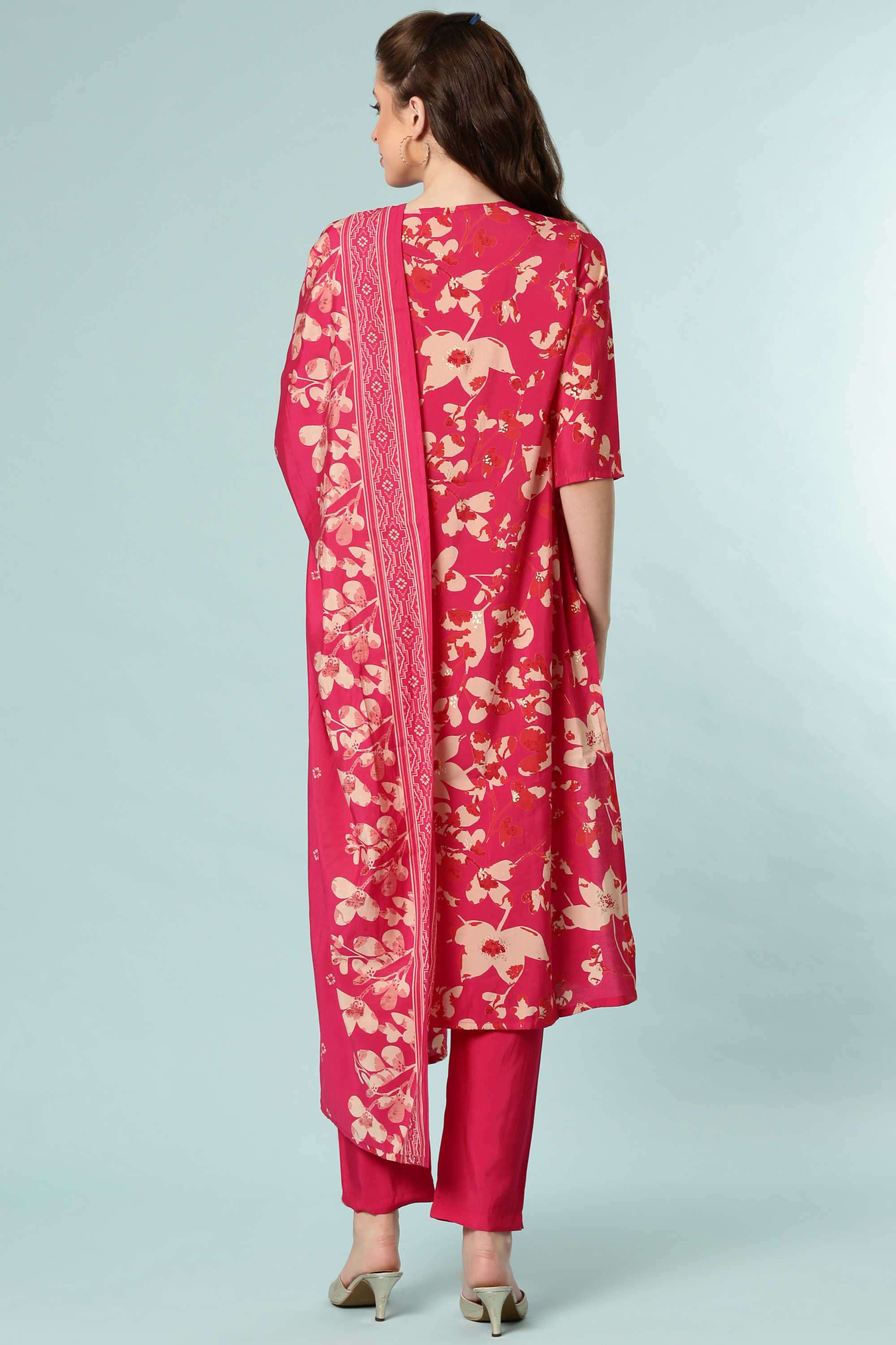 Floral-Round-Neck-Blended-Fabric-Women-Kurta-Set