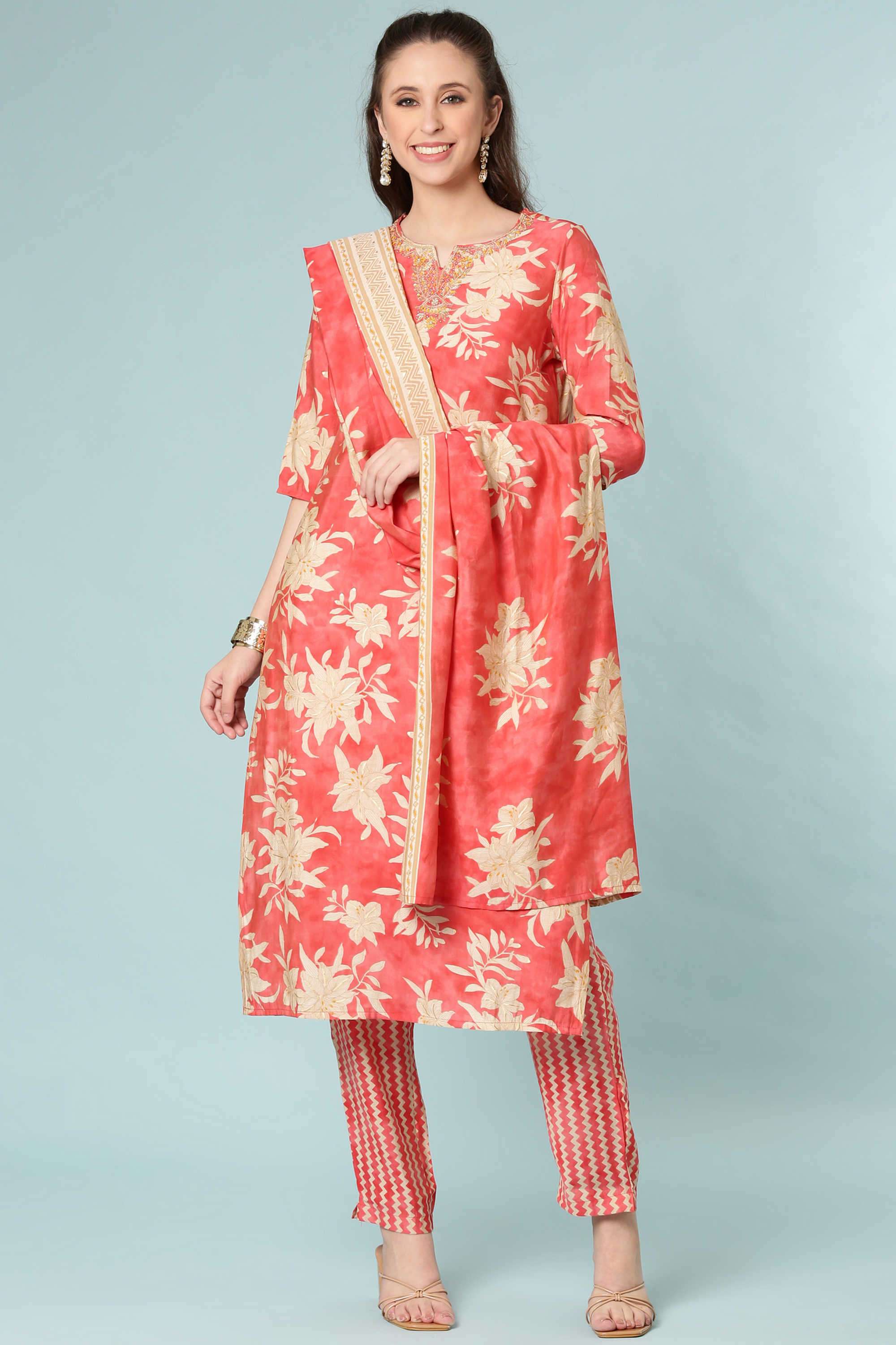 Floral-V-Neck-Blended-Fabric-Women-Kurta-Set