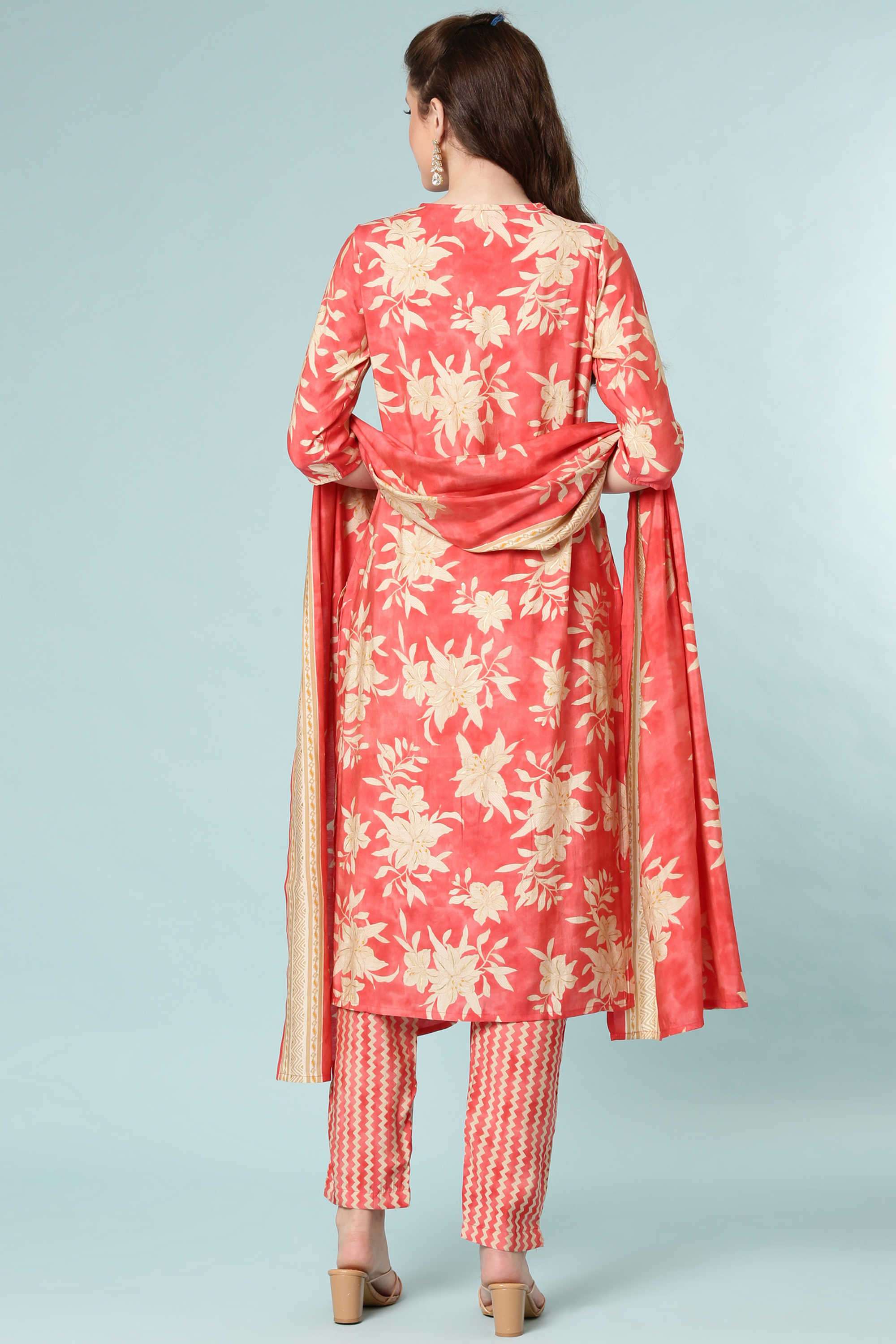 Floral-V-Neck-Blended-Fabric-Women-Kurta-Set