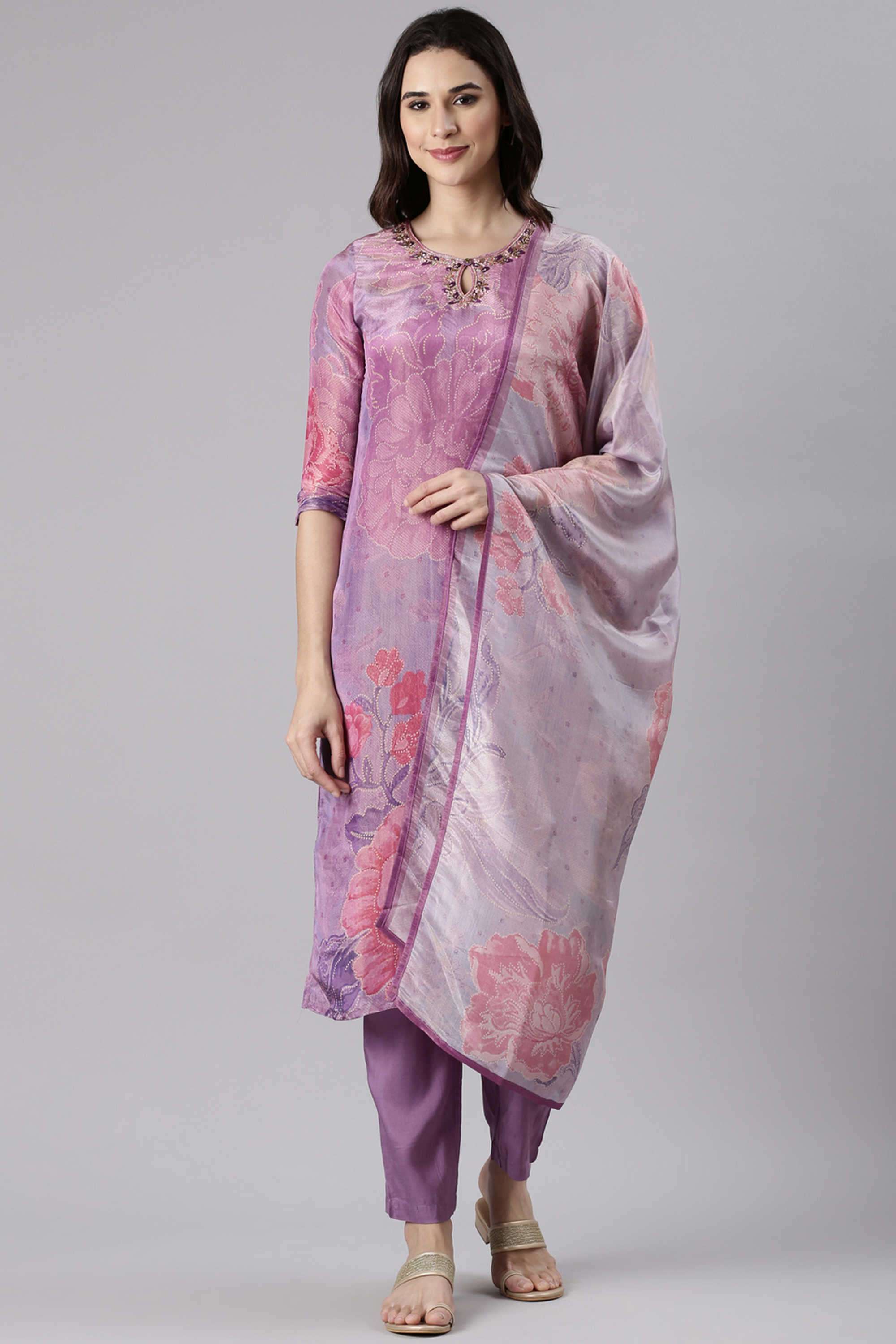 Floral-Blended-Fabric-Round-Neck-Women-s-Casual-Wear-Kurta-Set