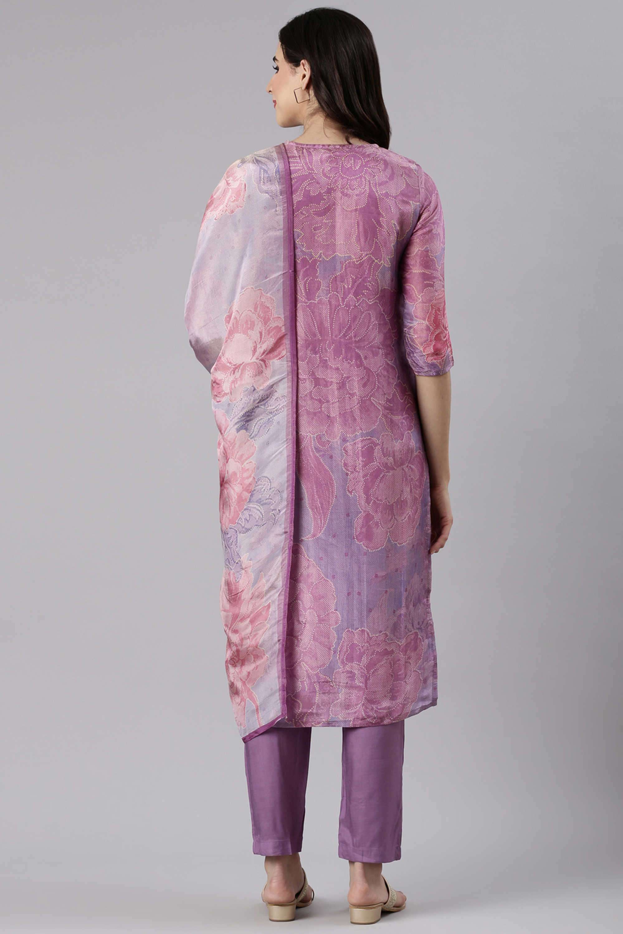 Floral-Blended-Fabric-Round-Neck-Women-s-Casual-Wear-Kurta-Set