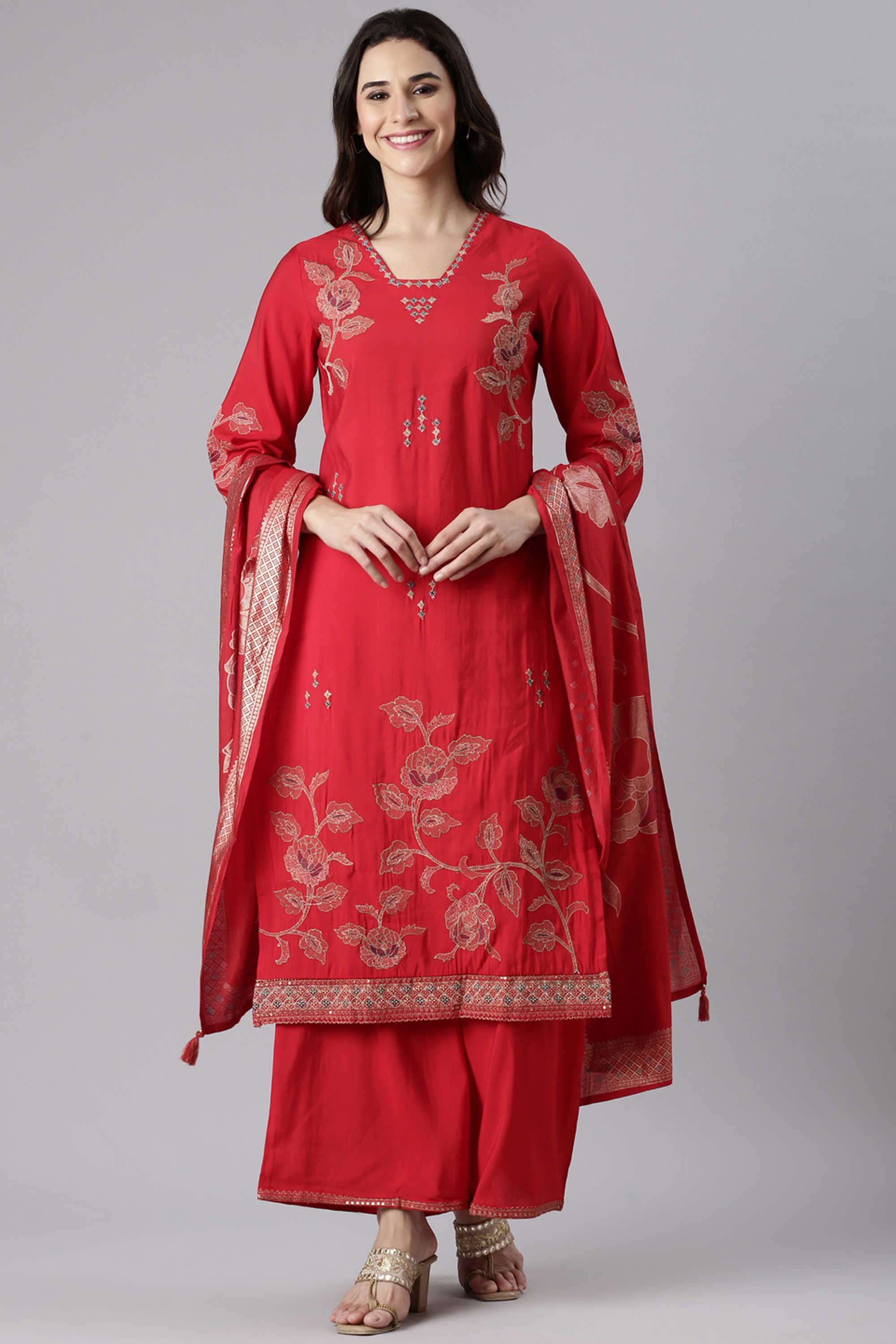 Embroidered-Blended-Fabric-V-Neck-Women-s-Casual-Wear-Kurta-Set