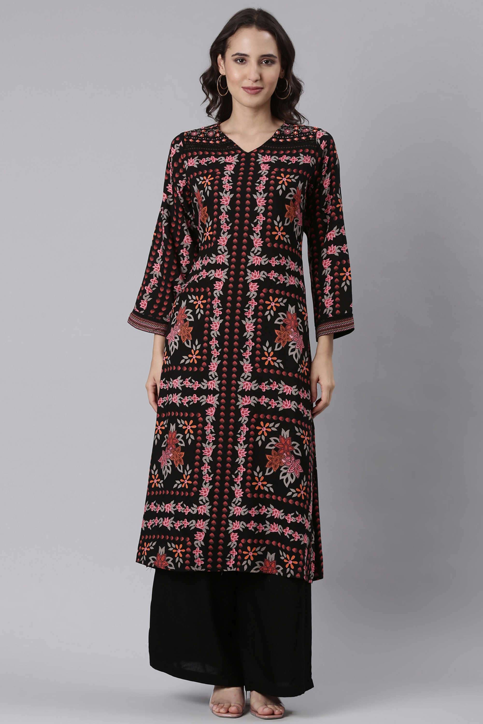 Floral-Rayon-Round-Neck-Women-s-Festive-Wear-Kurta-Set