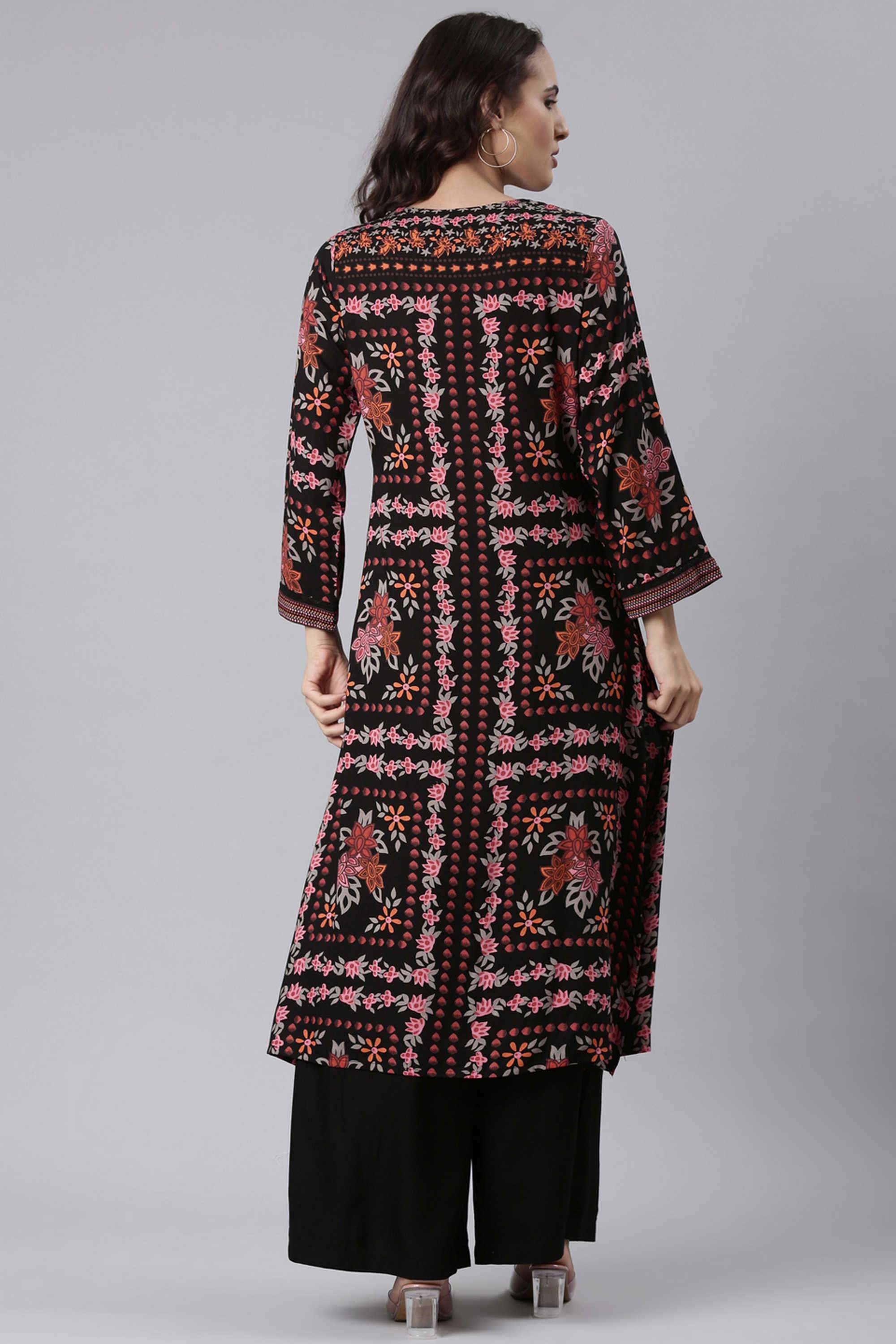 Floral-Rayon-Round-Neck-Women-s-Festive-Wear-Kurta-Set