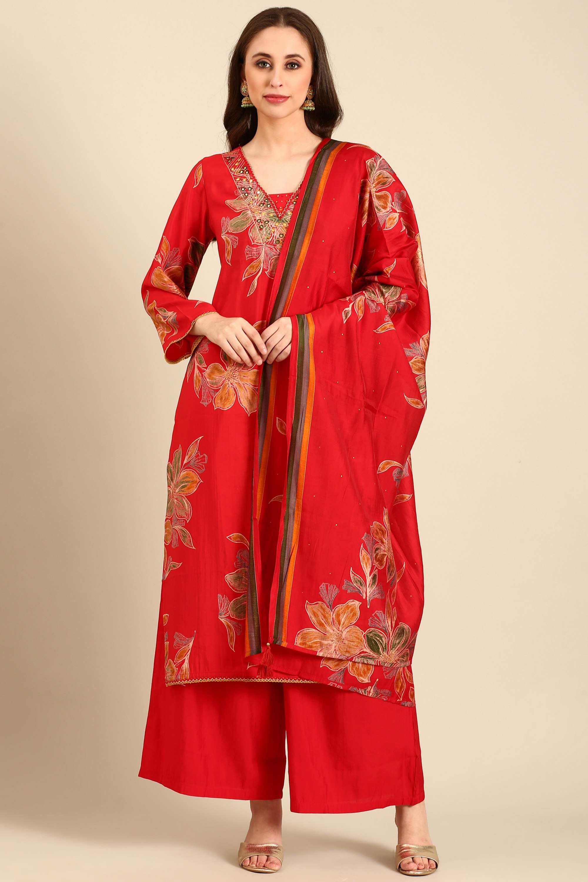 Floral-Polyester-V-Neck-Women-s-Casual-Wear-Kurta-Set