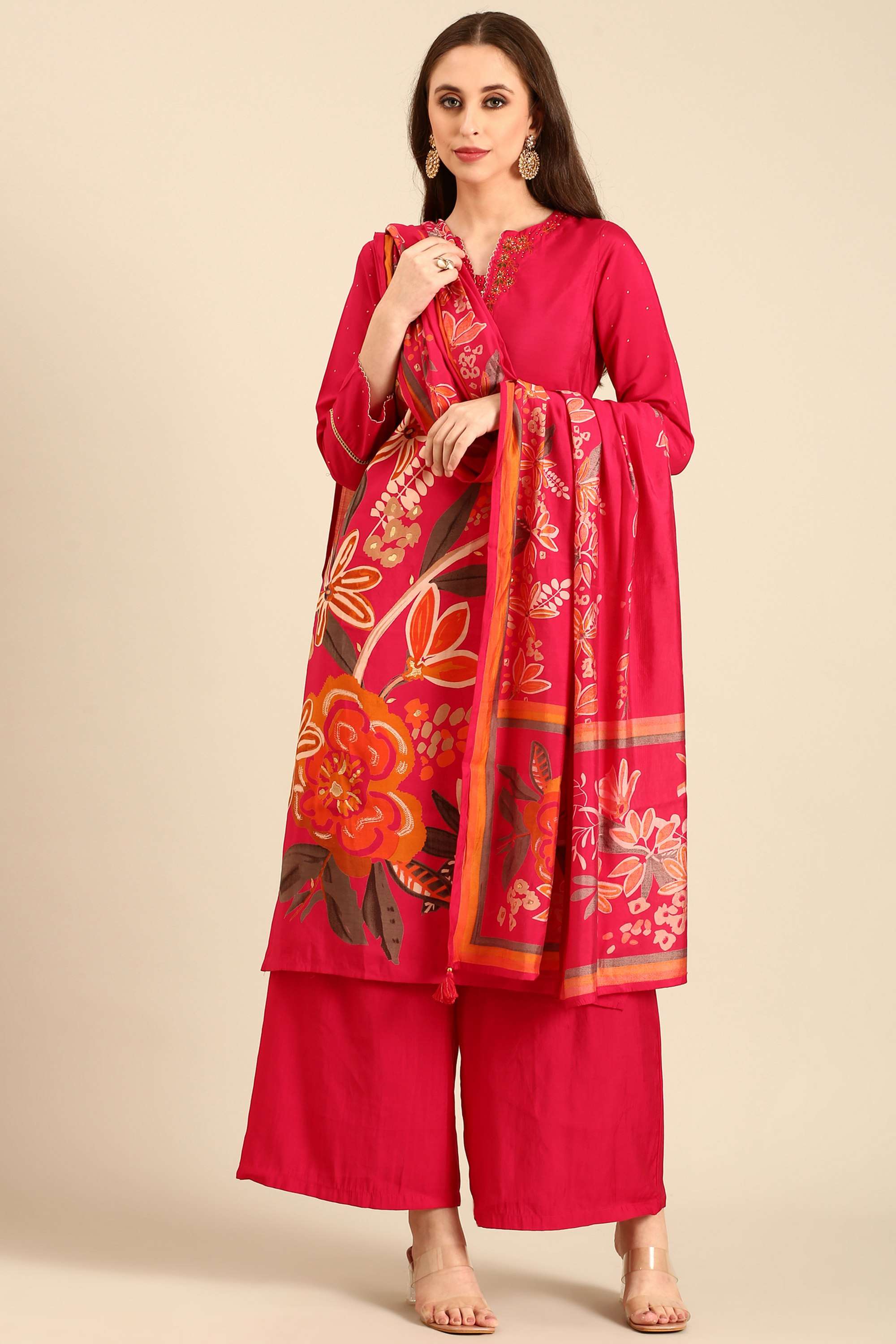 Printed-Polyester-V-Neck-Women-s-Casual-Wear-Kurta-Set