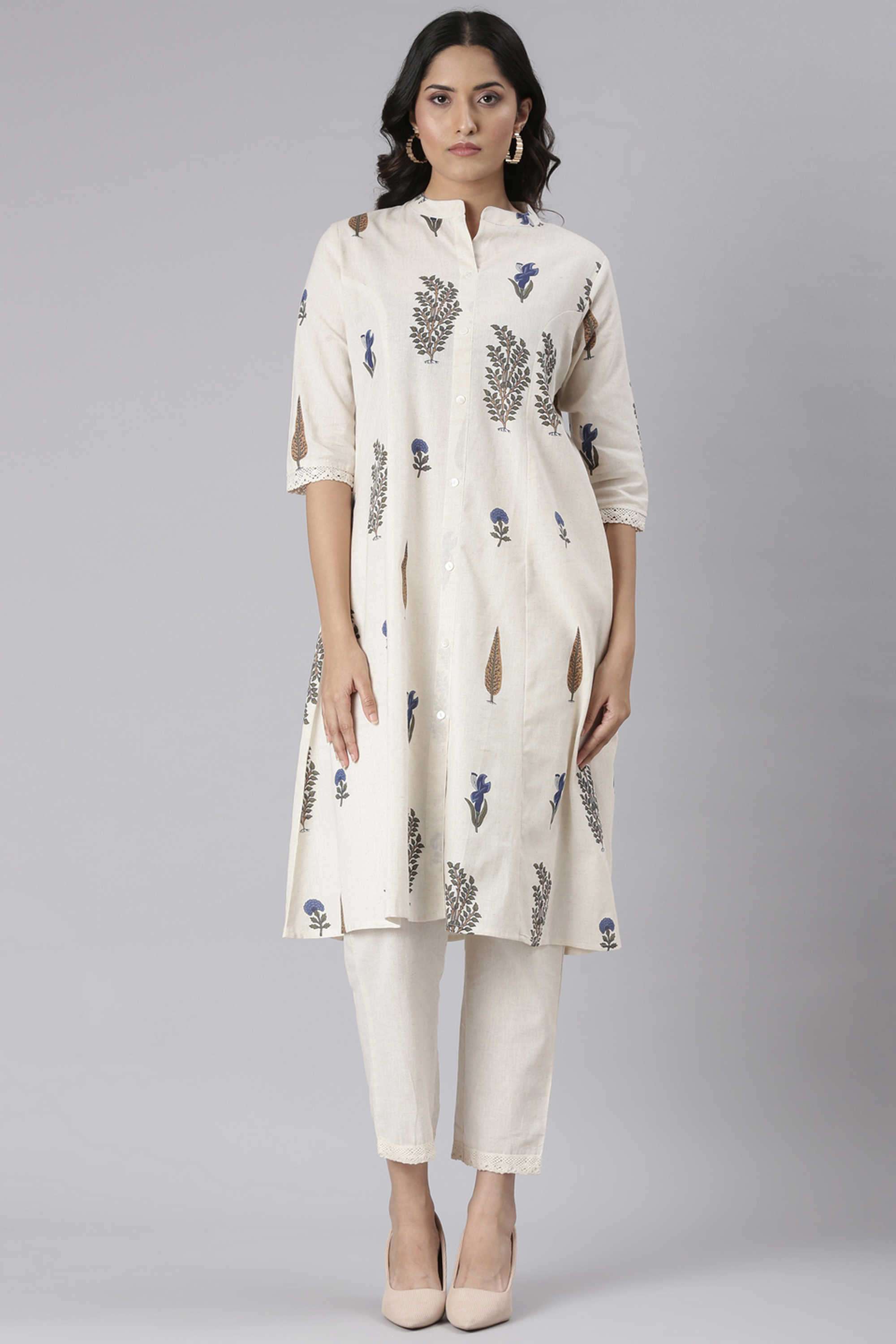 Floral-Blended-Fabric-Collared-Women-s-Ethnic-Kurta-Set