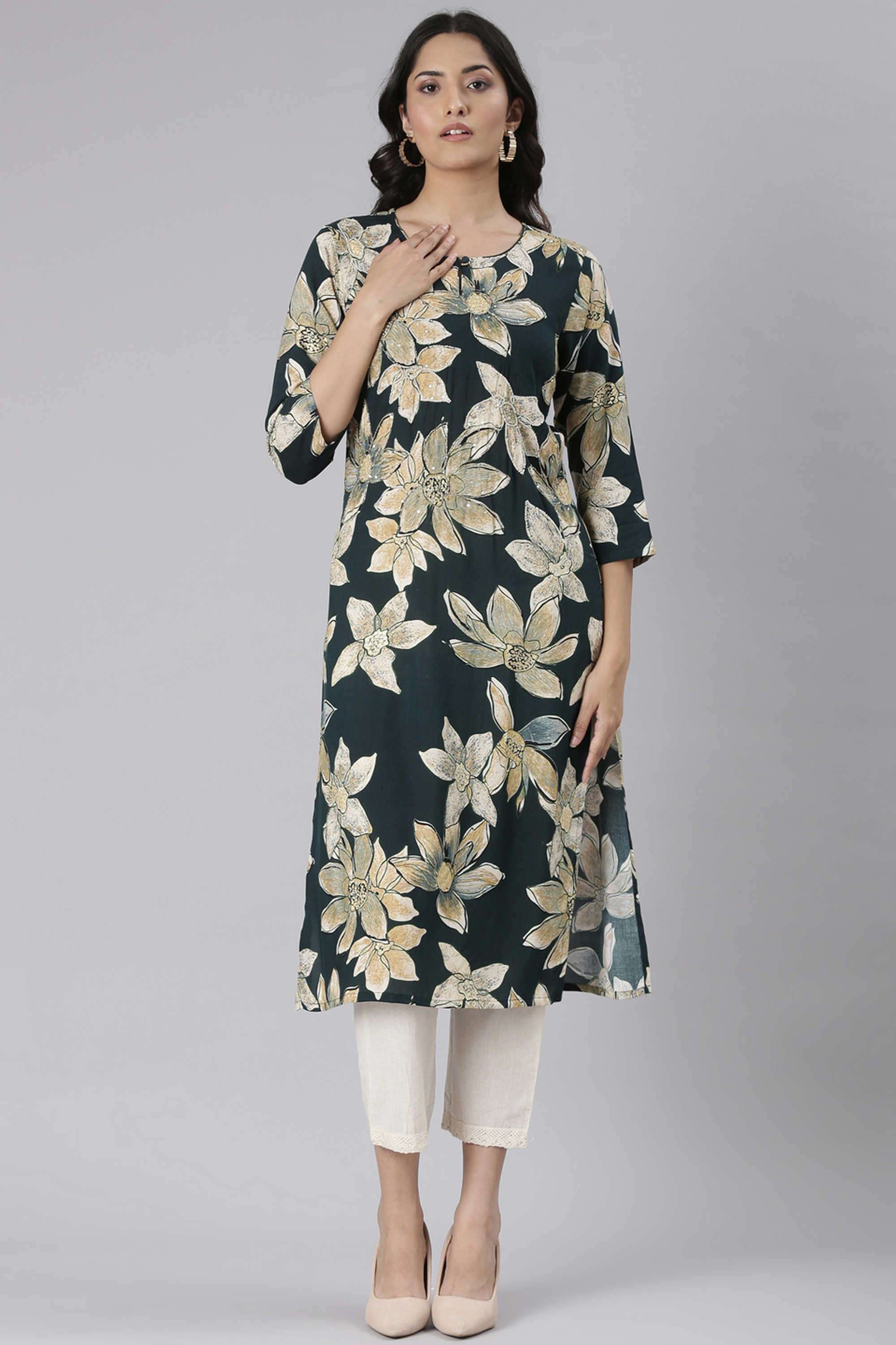 Floral-Rayon-Round-Neck-Women-s-Ethnic-Kurta