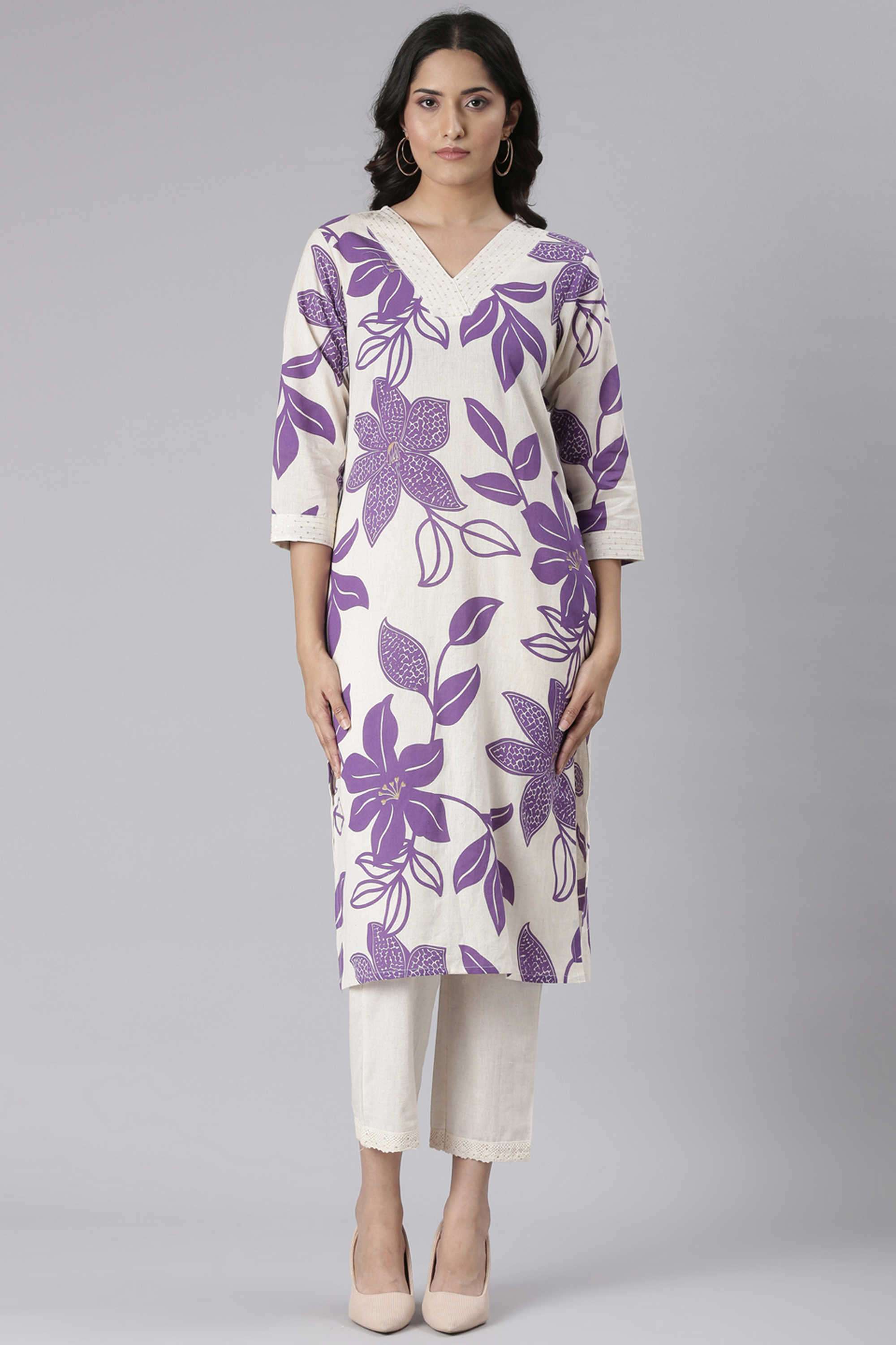 Floral-Blended-Fabric-V-Neck-Women-s-Ethnic-Kurta-Set