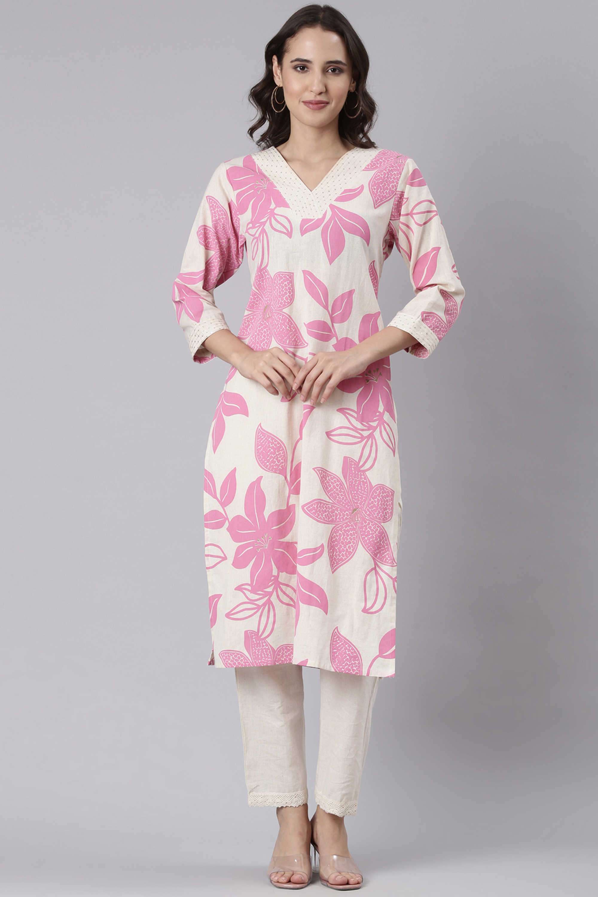 Floral-Blended-Fabric-V-Neck-Women-s-Casual-Wear-Kurta-Set