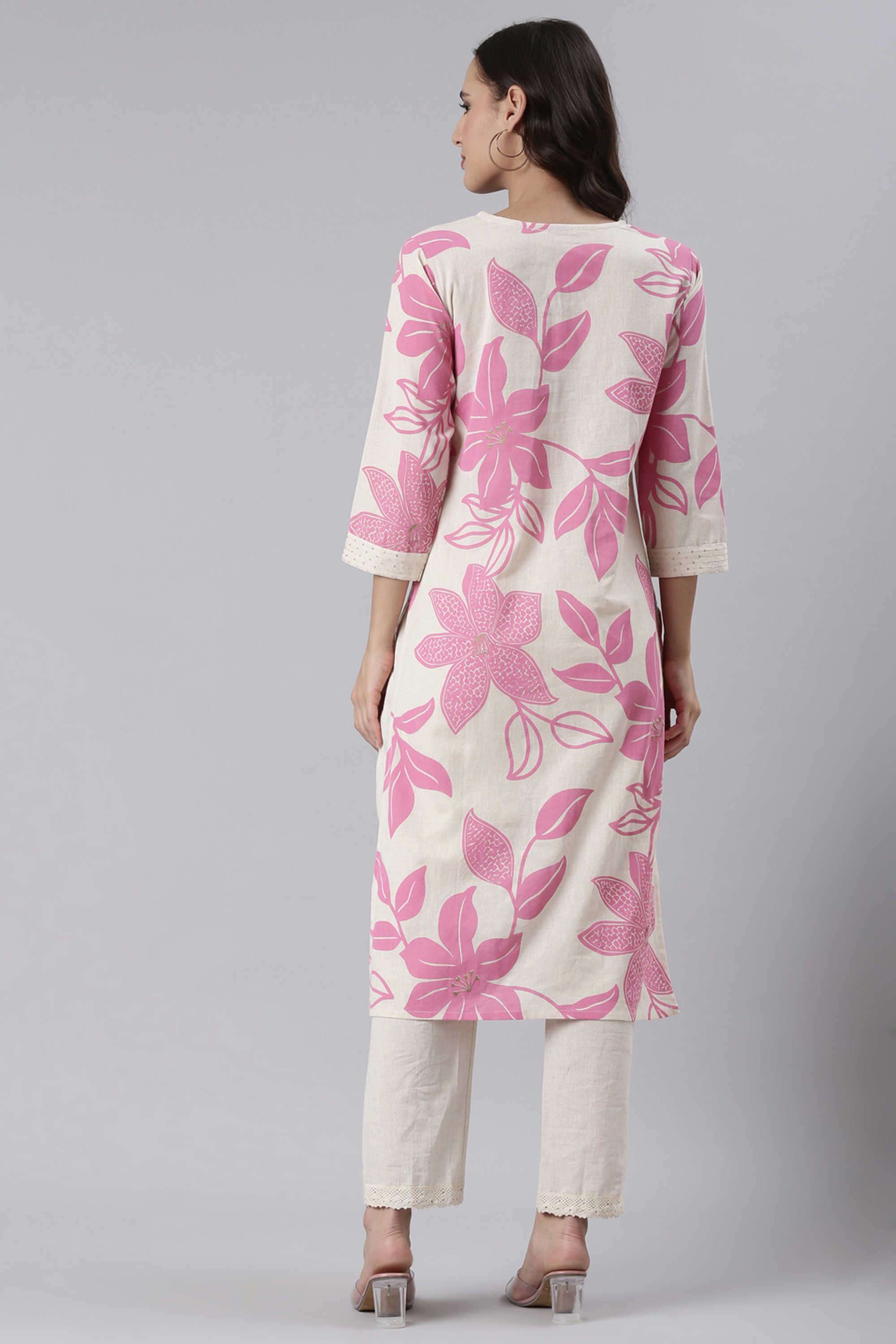 Floral-Blended-Fabric-V-Neck-Women-s-Casual-Wear-Kurta-Set