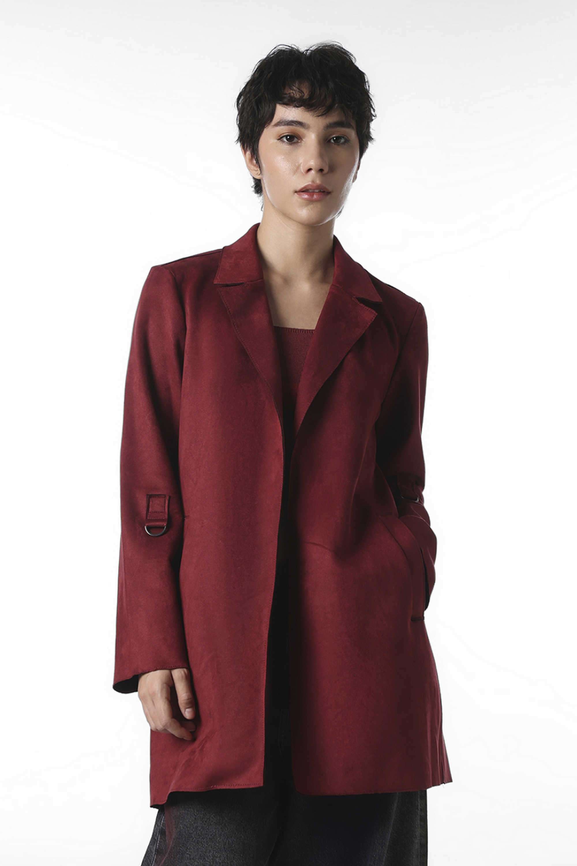 Solid-Polyester-Collared-Women-s-Coat