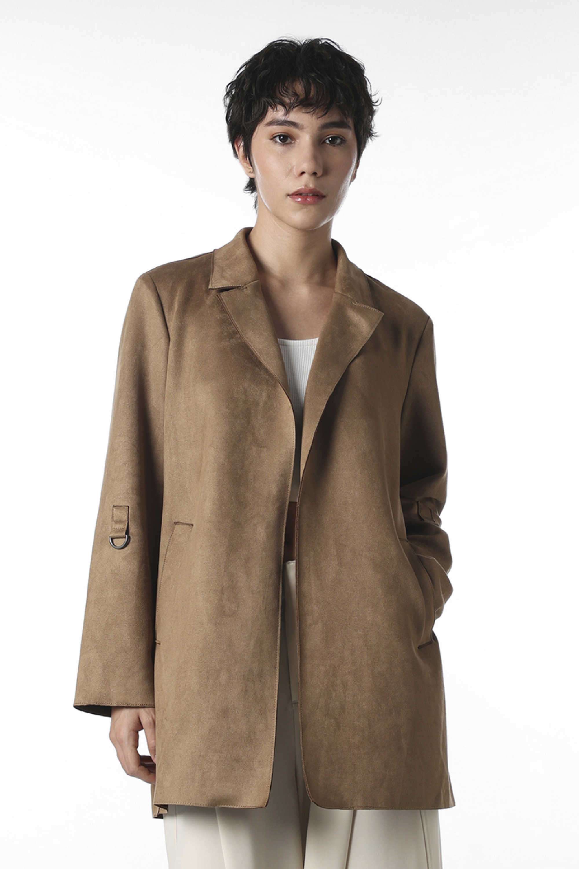 Solid-Polyester-Collared-Women-s-Coat