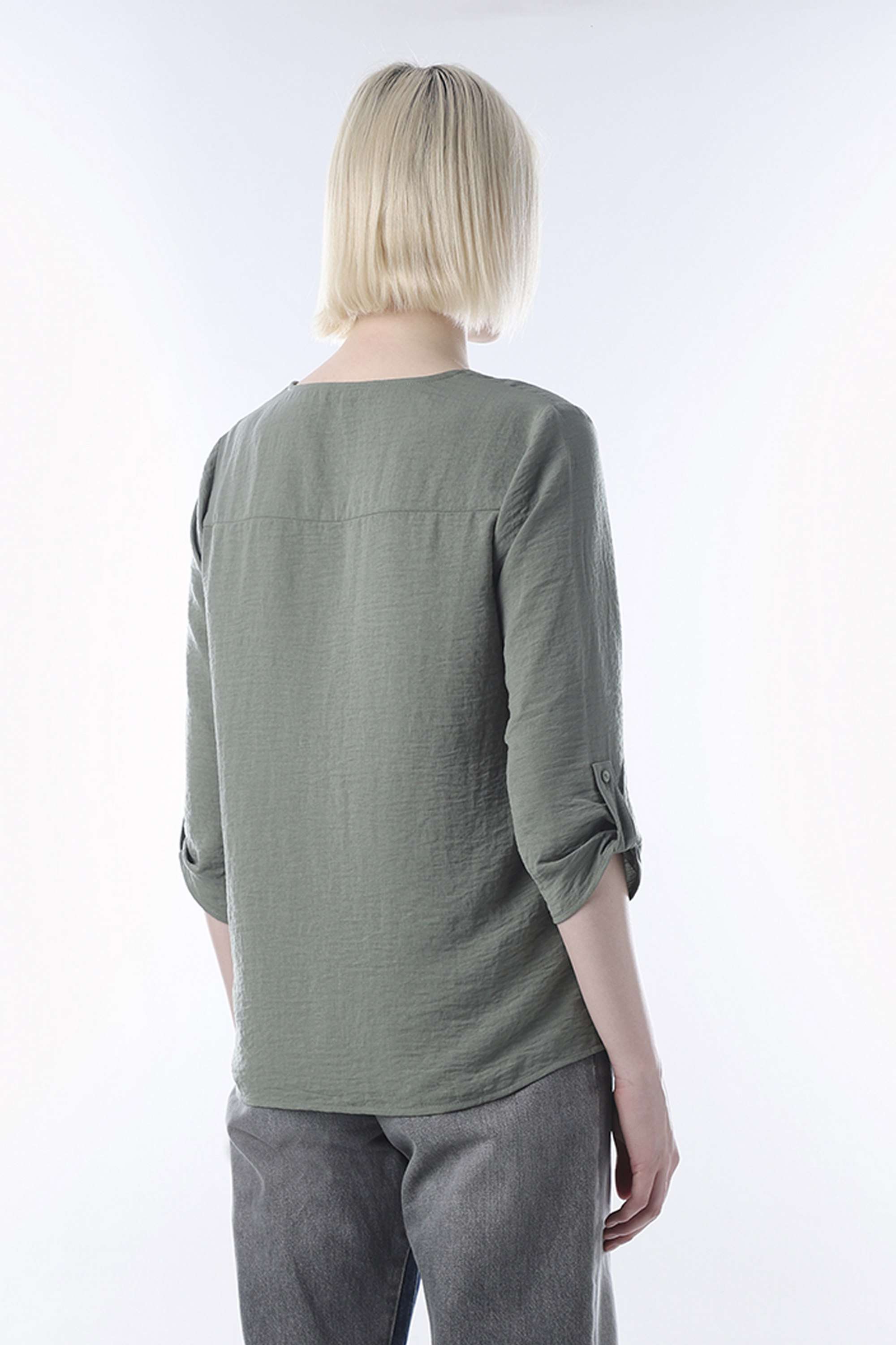 Solid-Polyester-V-Neck-Women-s-Top