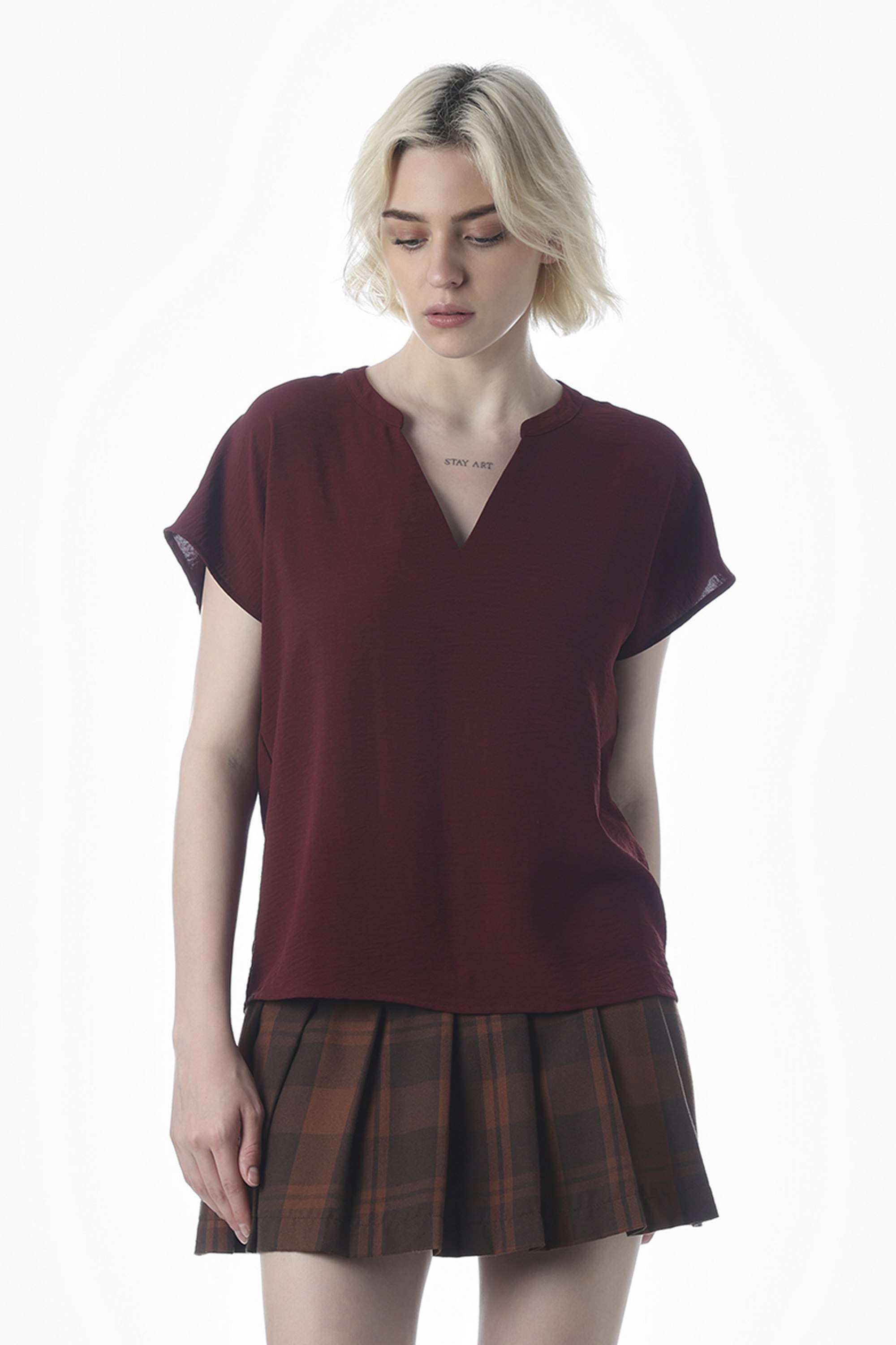 Solid-Collared-Polyester-Women-Casual-Wear-Top