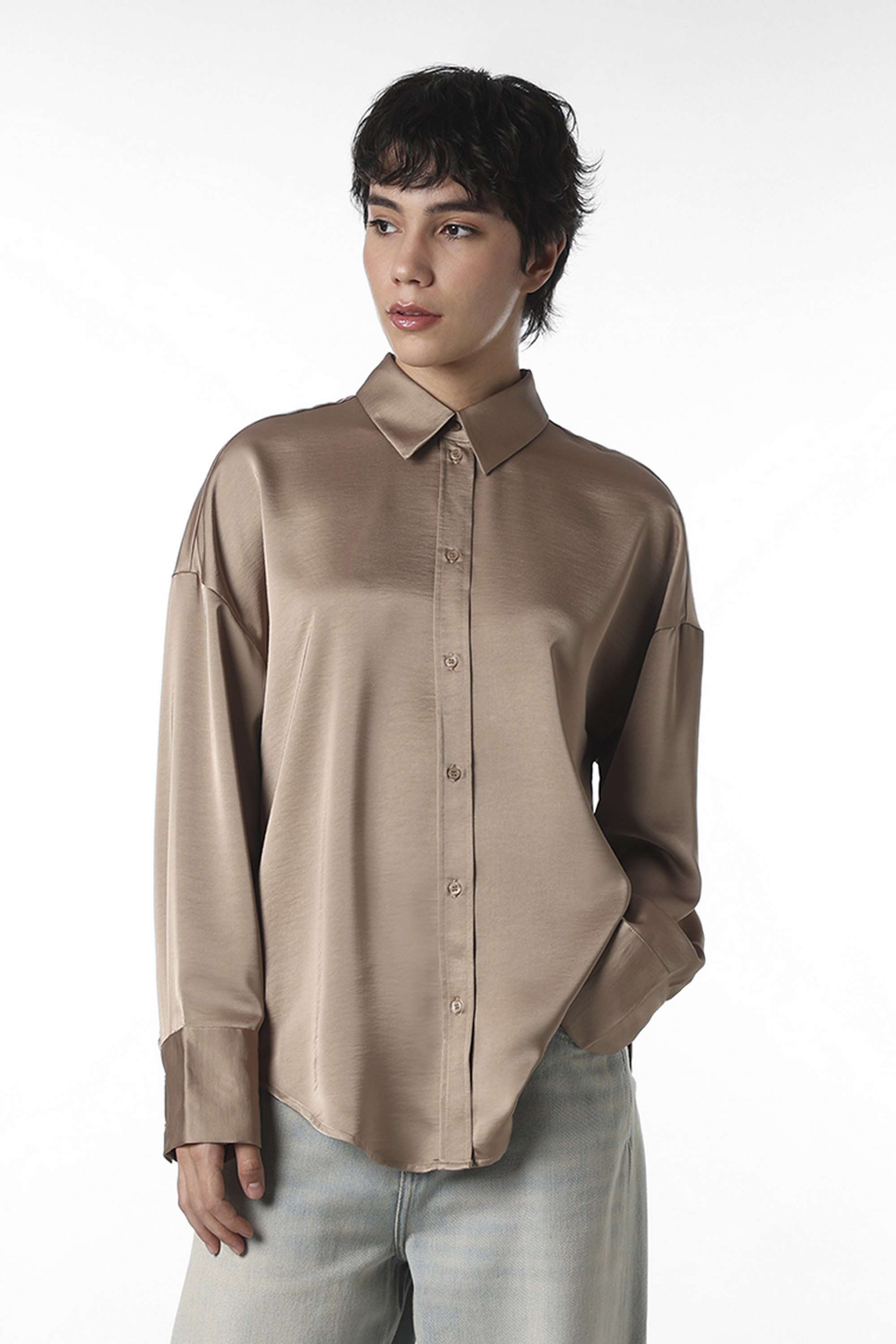 Solid-Collared-Polyester-Women-Casual-Wear-Shirt