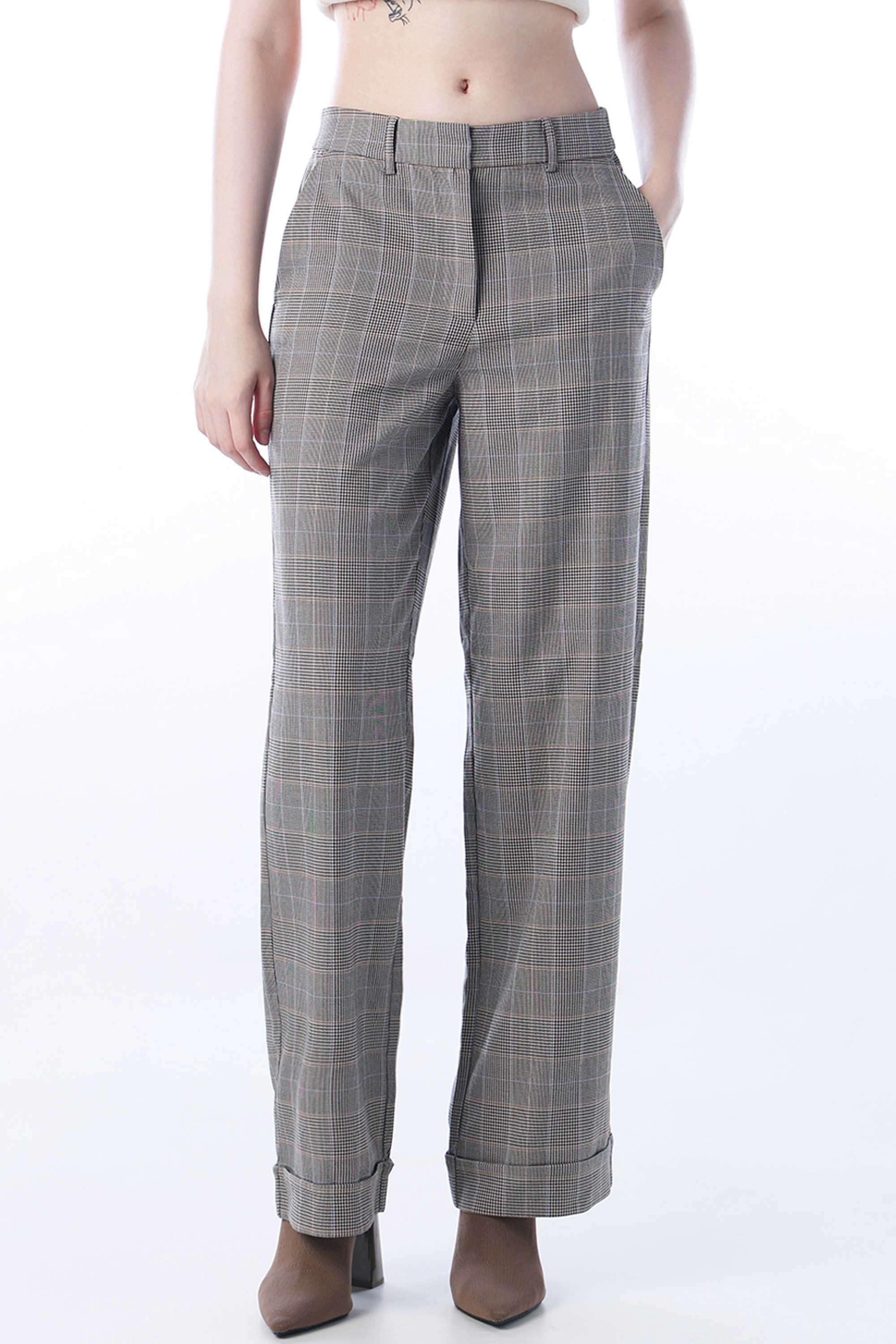 Checks-Straight-Fit-Polyester-Women-s-Formal-Wear-Pants