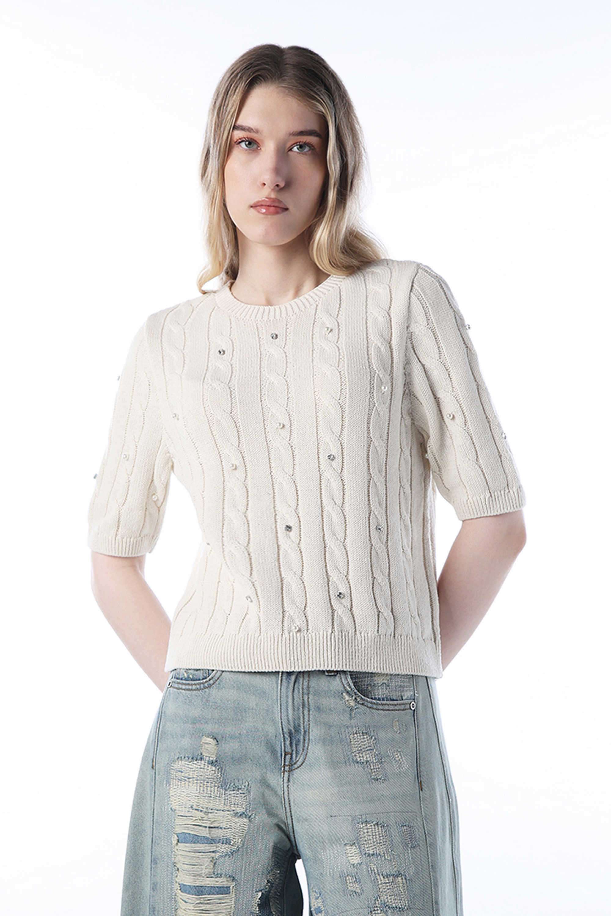 Textured Round Neck Cotton Women's Party Wear Pullover