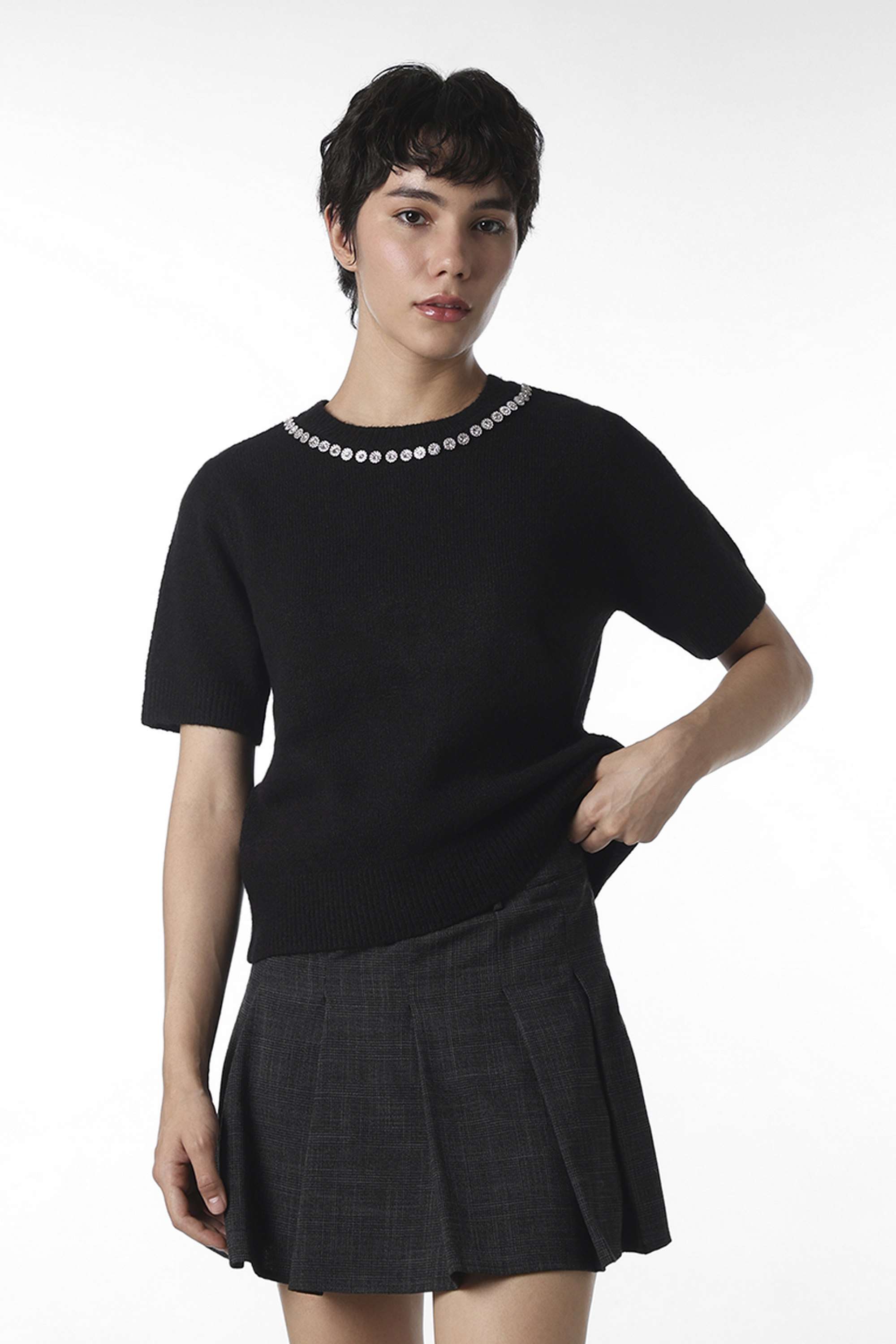 Solid-Round-Neck-Polyester-Women-Casual-Wear-Sweater