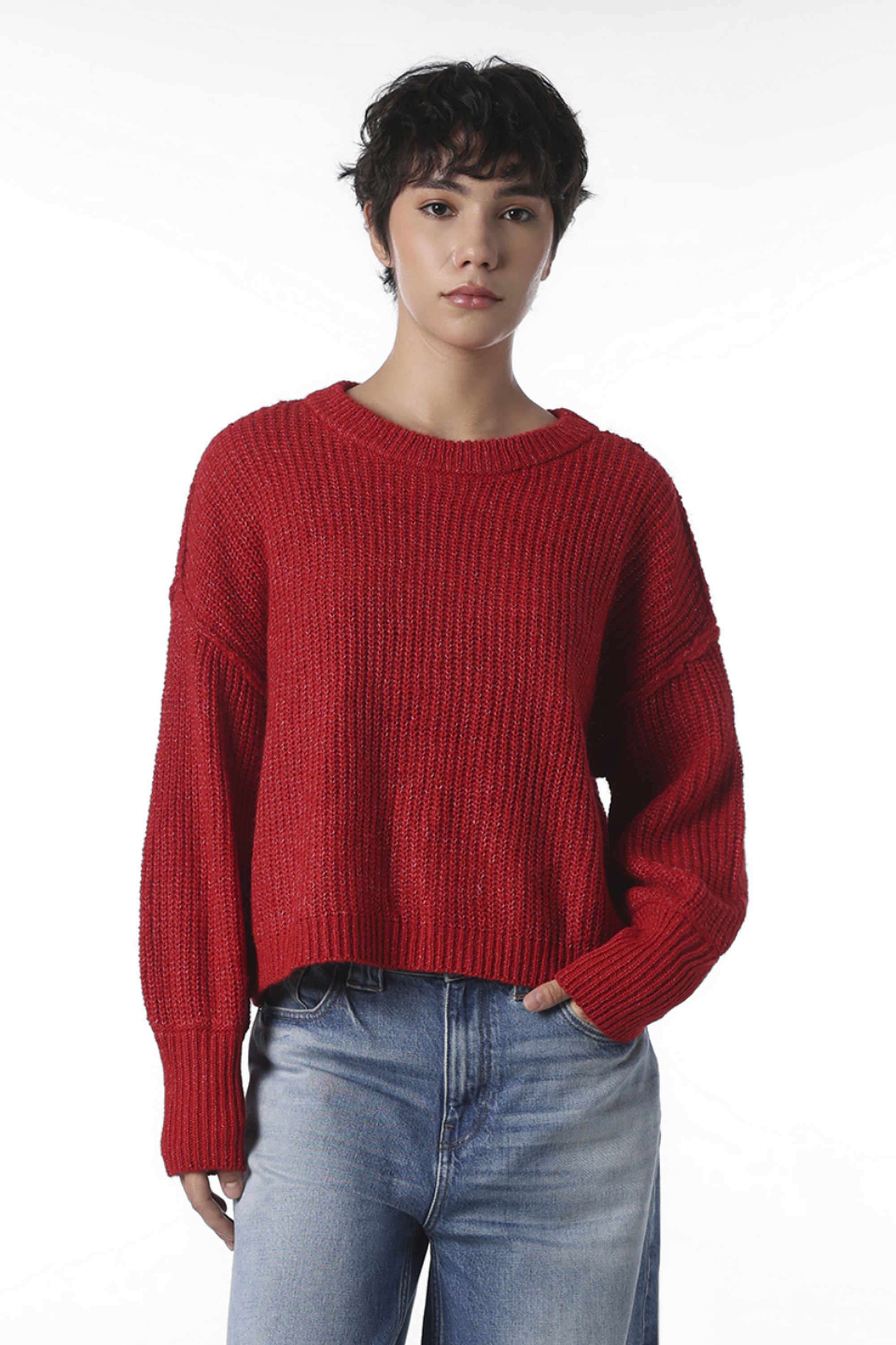 Solid-Polyester-Round-Neck-Women-s-Casual-Wear-Sweater