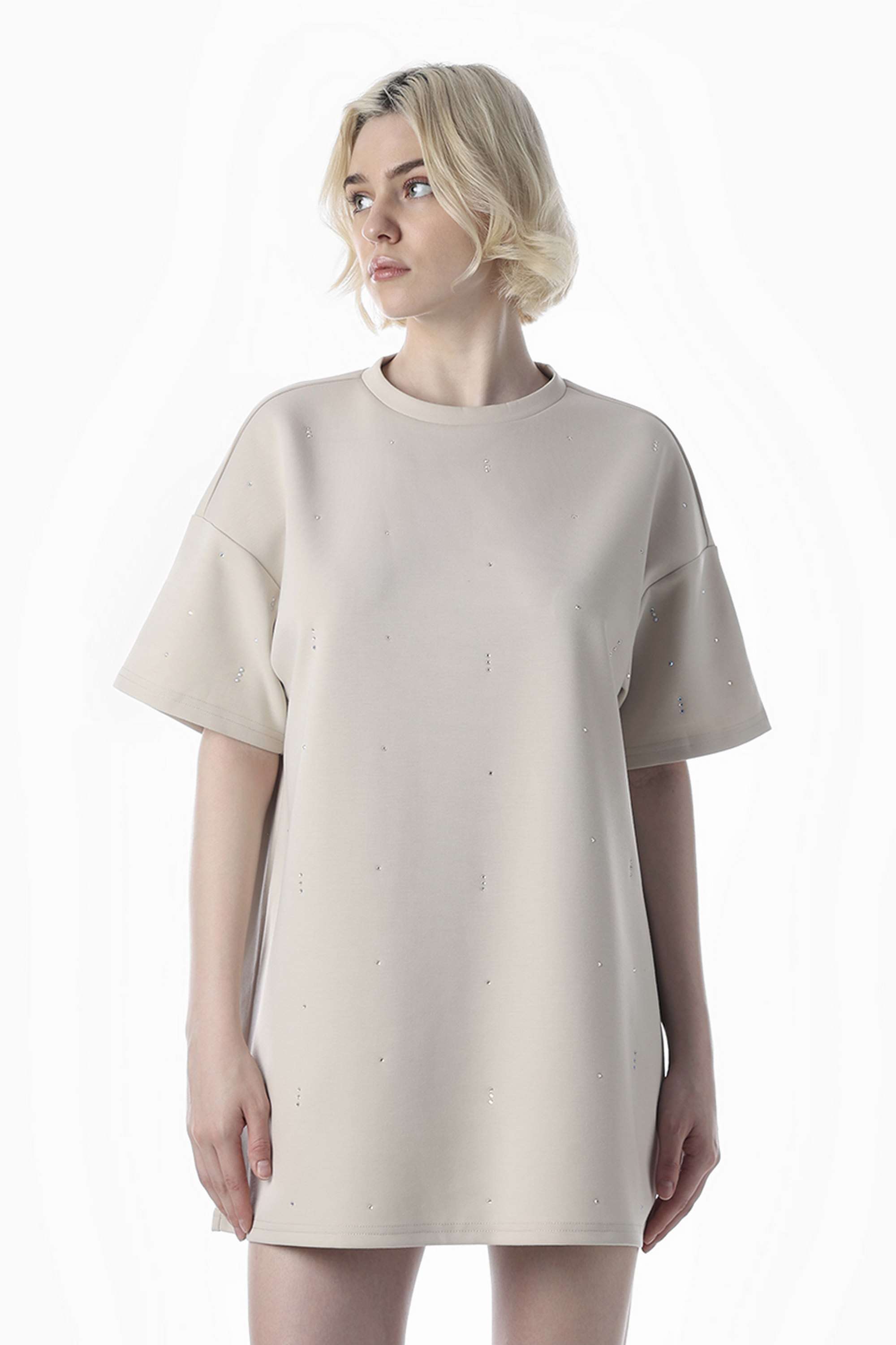 Embellished-Round-Neck-Half-Sleeves-Polyester-Women-Dress