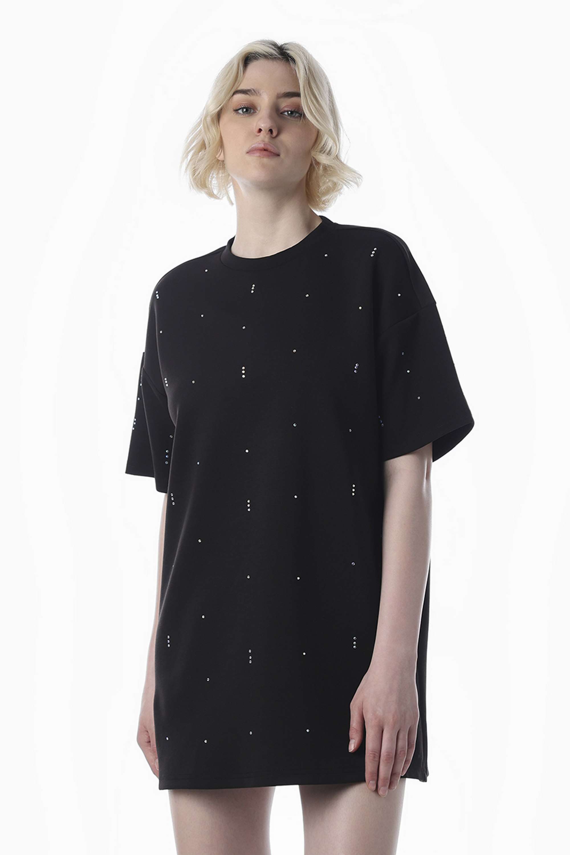 Embellished-Round-Neck-Half-Sleeves-Polyester-Women-Dress