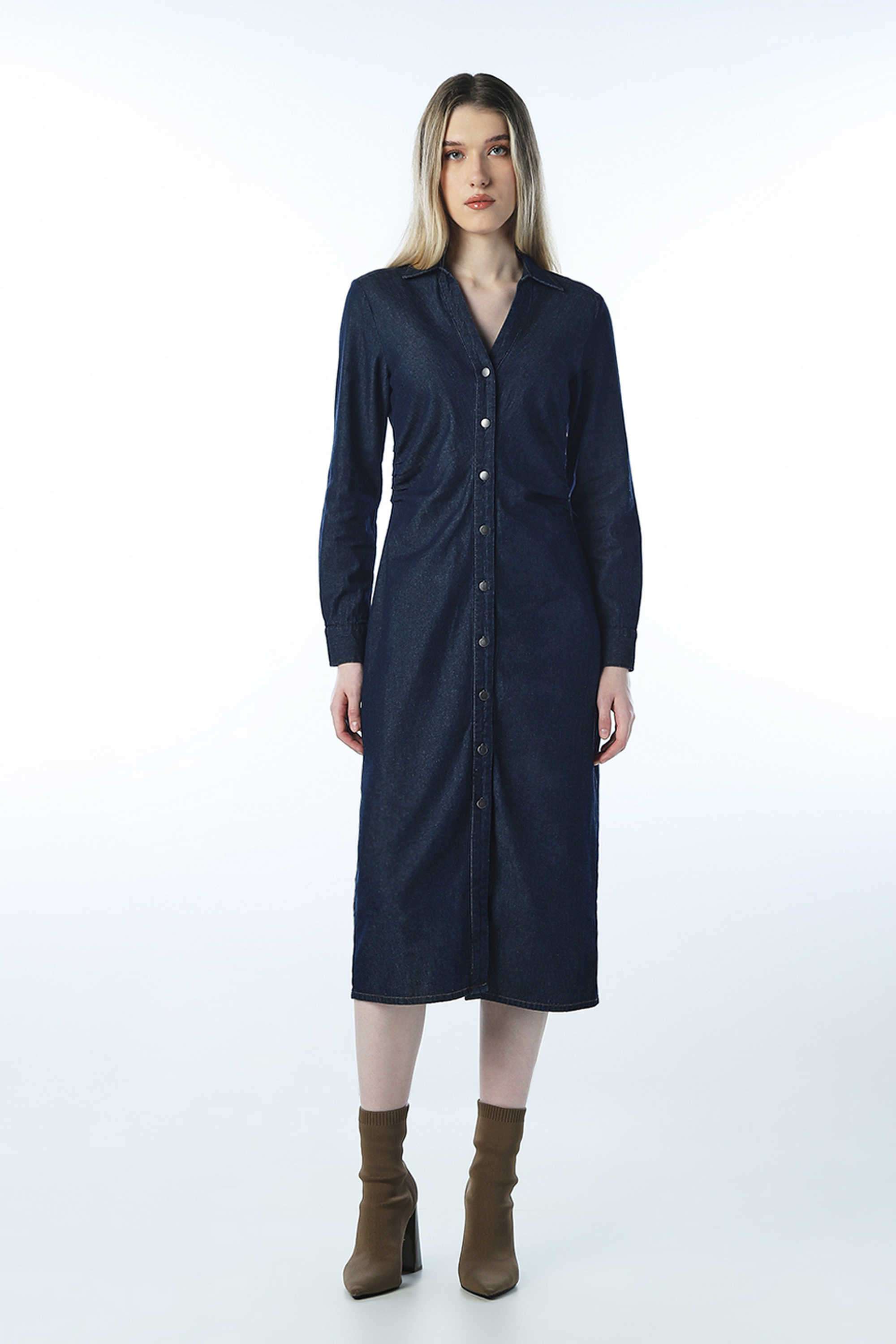 Solid-Cotton-V-Neck-Women-s-Dress