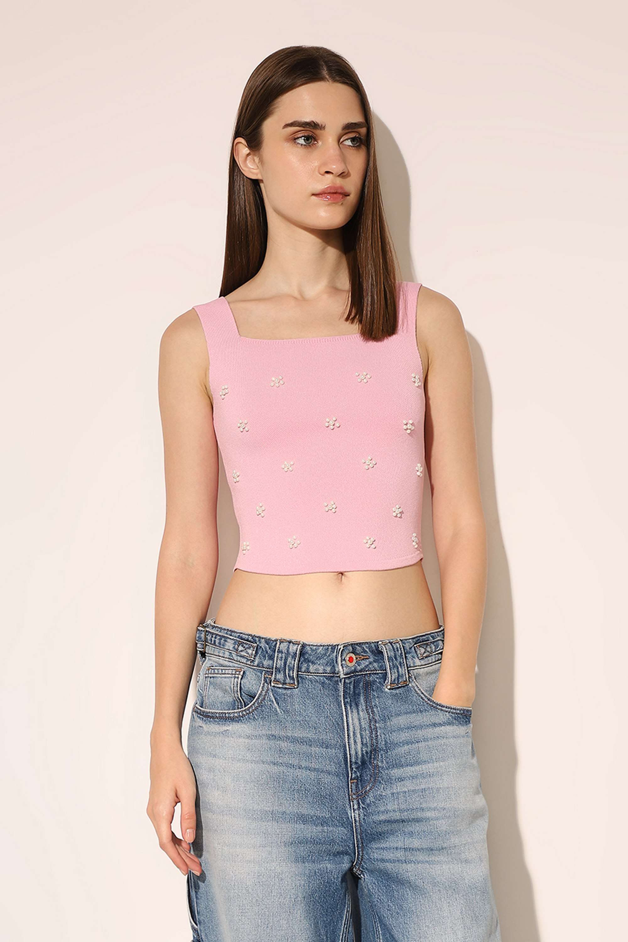 Embellished-Viscose-Square-Neck-Women-s-Tank-Top
