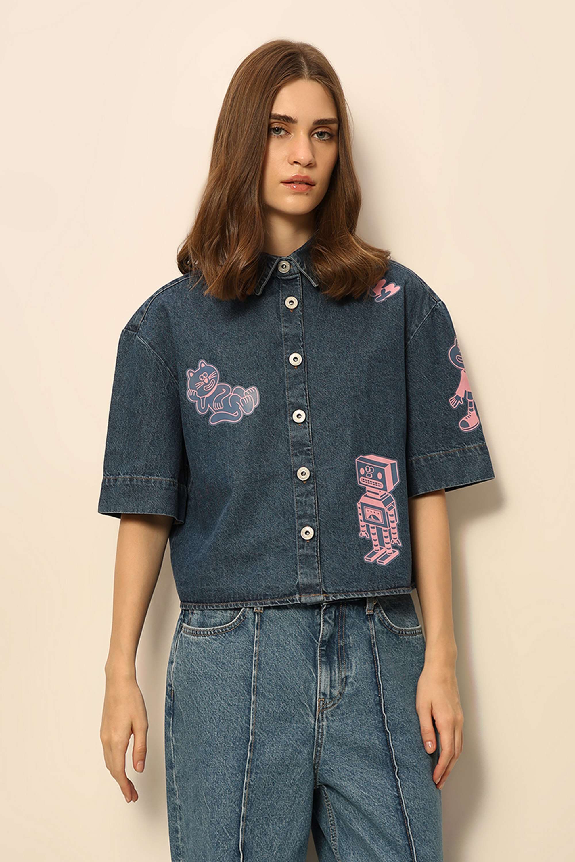 Graphic-Print-Collared-Cotton-Women-Casual-Wear-Shirt